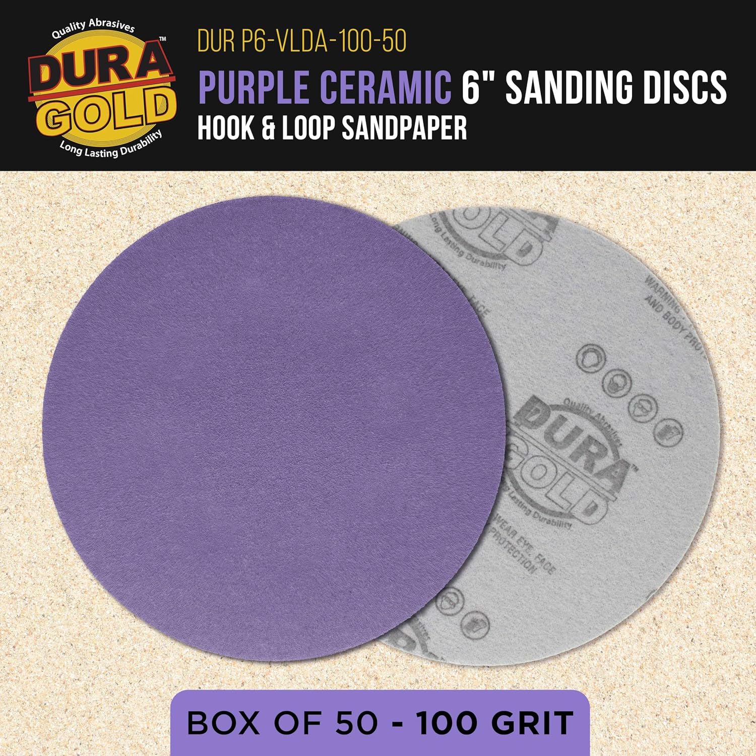 Dura-Gold Premium 100 Grit 6" Purple Film Ceramic Sanding Discs, Box of 50 - Hook & Loop Backing Sandpaper for DA & Random Orbital Sanders - Fast Sharp-Cut Abrasive, Sand Auto Paint, Wood, Woodworking