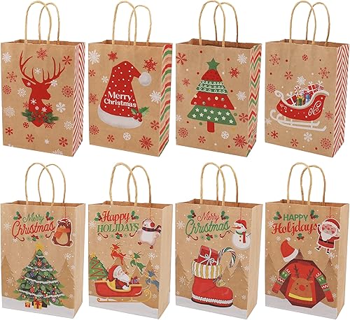 Paquete de 24 bolsas de regalo de Navidad, 8 estilos de bolsas de regalo de tamaño pequeño con asas, bolsas de papel kraft con temática de Navidad a