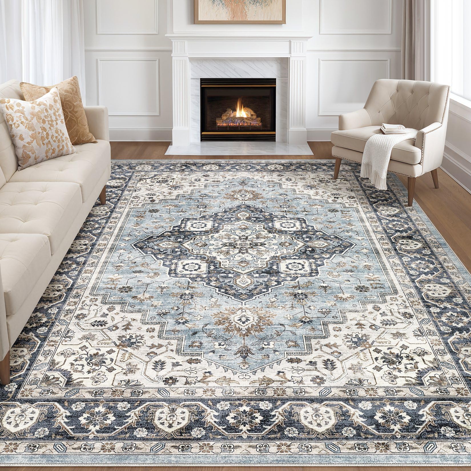 LOONGRUG 7x9 Area Rug Washable Vintage Boho Living Room Rug Blue Tan