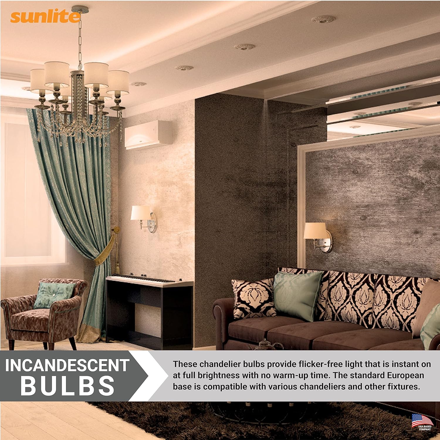 Sunlite 41766 Incandescent Torpedo Tip Clear Chandelier Light Bulb, 60 Watts, 550 Lumens, European Base (E14), 220 High Voltage, Dimmable, for Chandeliers, Lamps, Fixtures, 25 Count