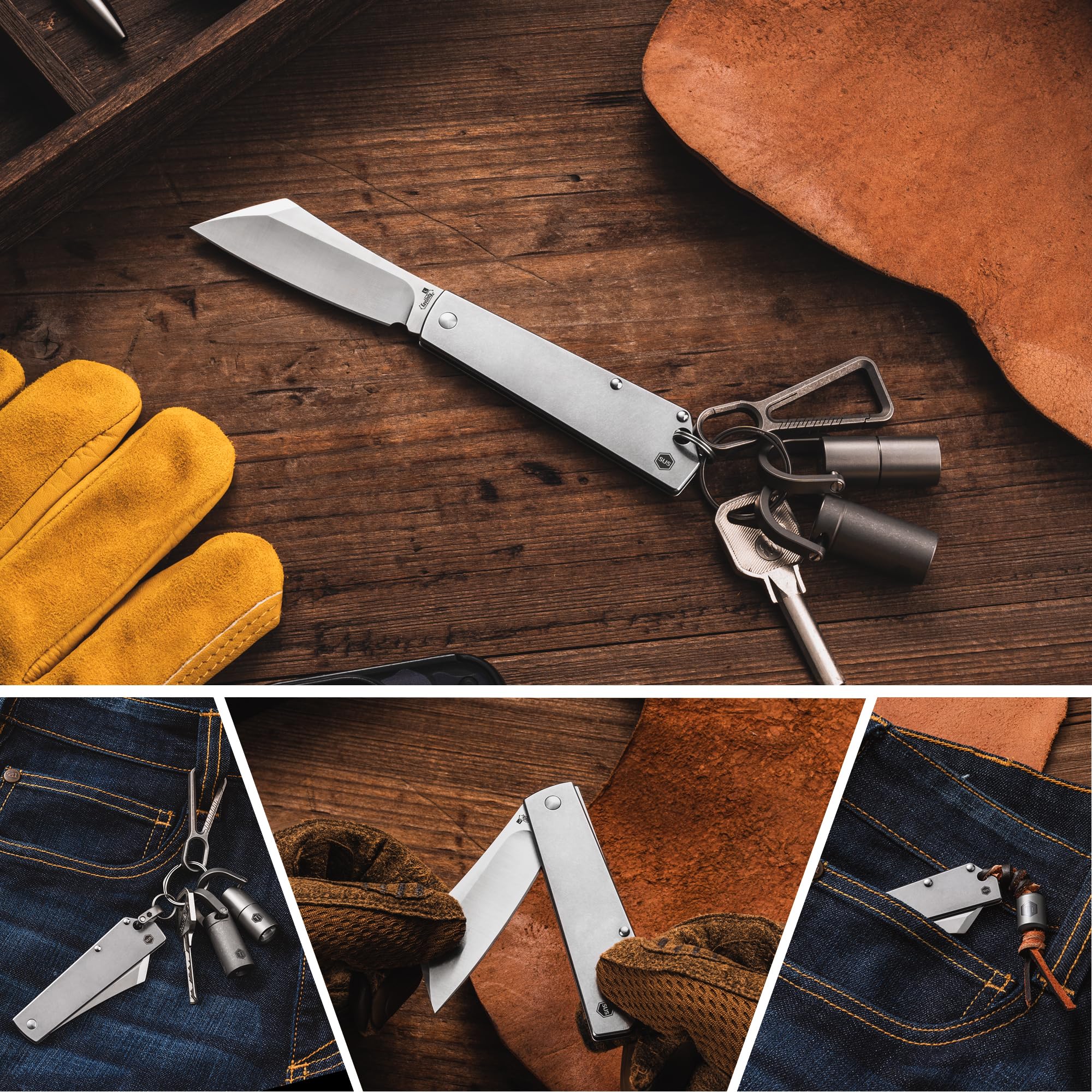 KeyUnity KK03L petit couteau pliant couteau à lame fixe, couteau de poche EDC en acier inoxydable pour hommes et femmes