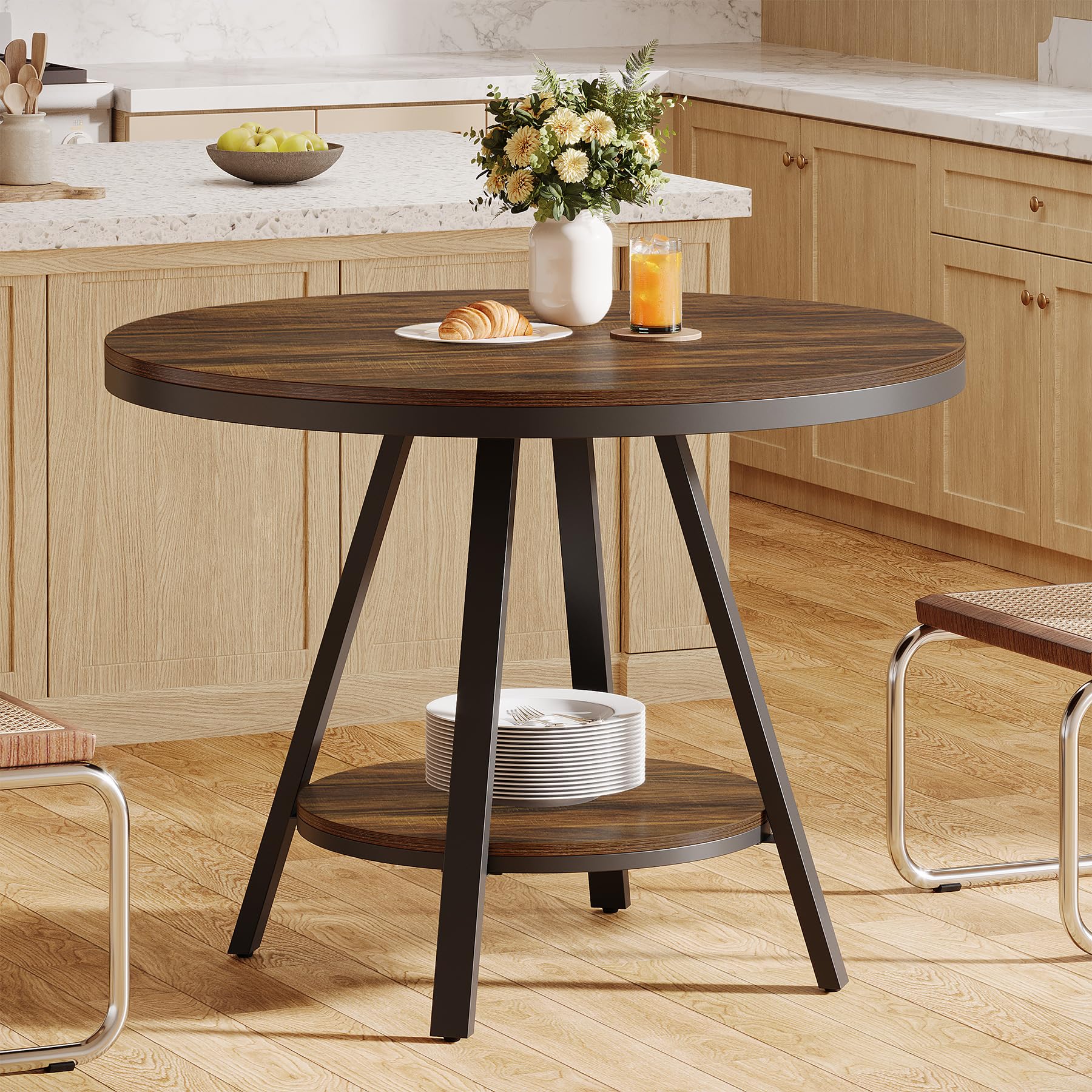 Tribesigns Mesa de Comedor Industrial Redonda de Dos Niveles, Mesa de Comedor pequeña para Cocina para 2-4 Personas, Mueble de Cocina de Madera de 90 cm con Patas metálicas Resistentes, marrón
