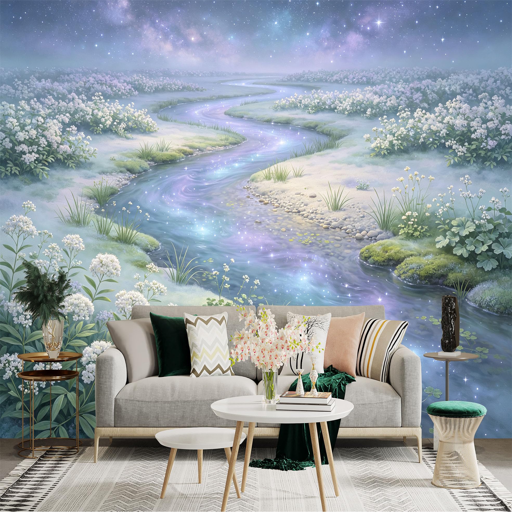 Lnzczhyre Bh260719800 Custom Size Wall Sticker Mural， Ethereal River， Misty Floral Landscape， Dreamy Night Sky， Sparkling Water， For Wall Decoration， Peelandstick Wall Decals.