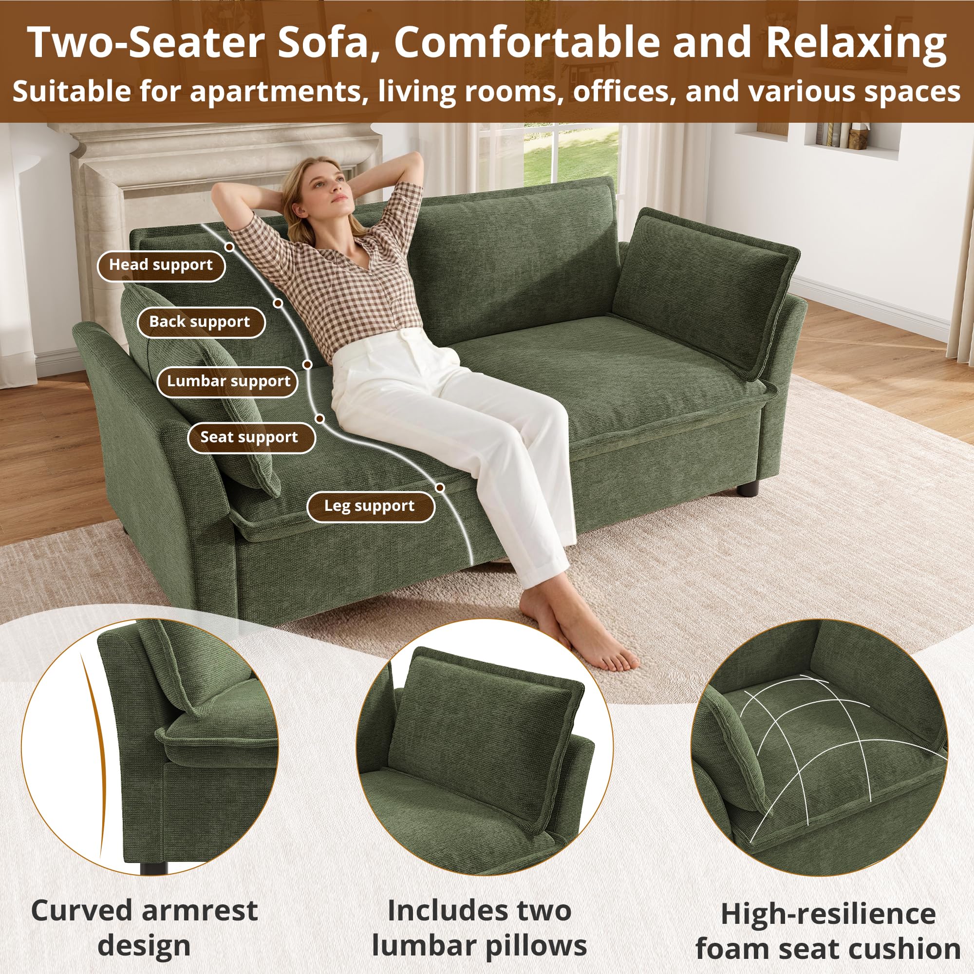 BTM Modern Cloud Sofa 2 Sitzer Couch Klein mit Armlehnenkissen Loveseat für Wohnzimmer, Kleine Räume, Wohnung, Dunkelgrün