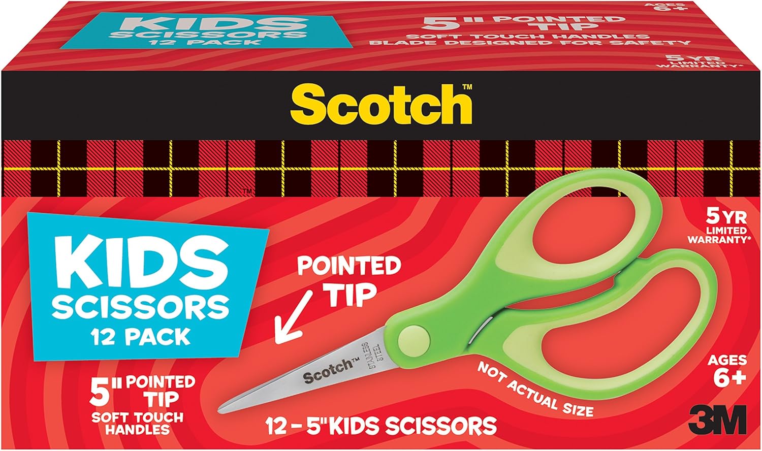 Scotch 5-Inch Soft Touch Pointed Kid Scissors, 12 Count Teacher Pack, Green, Pack of 6