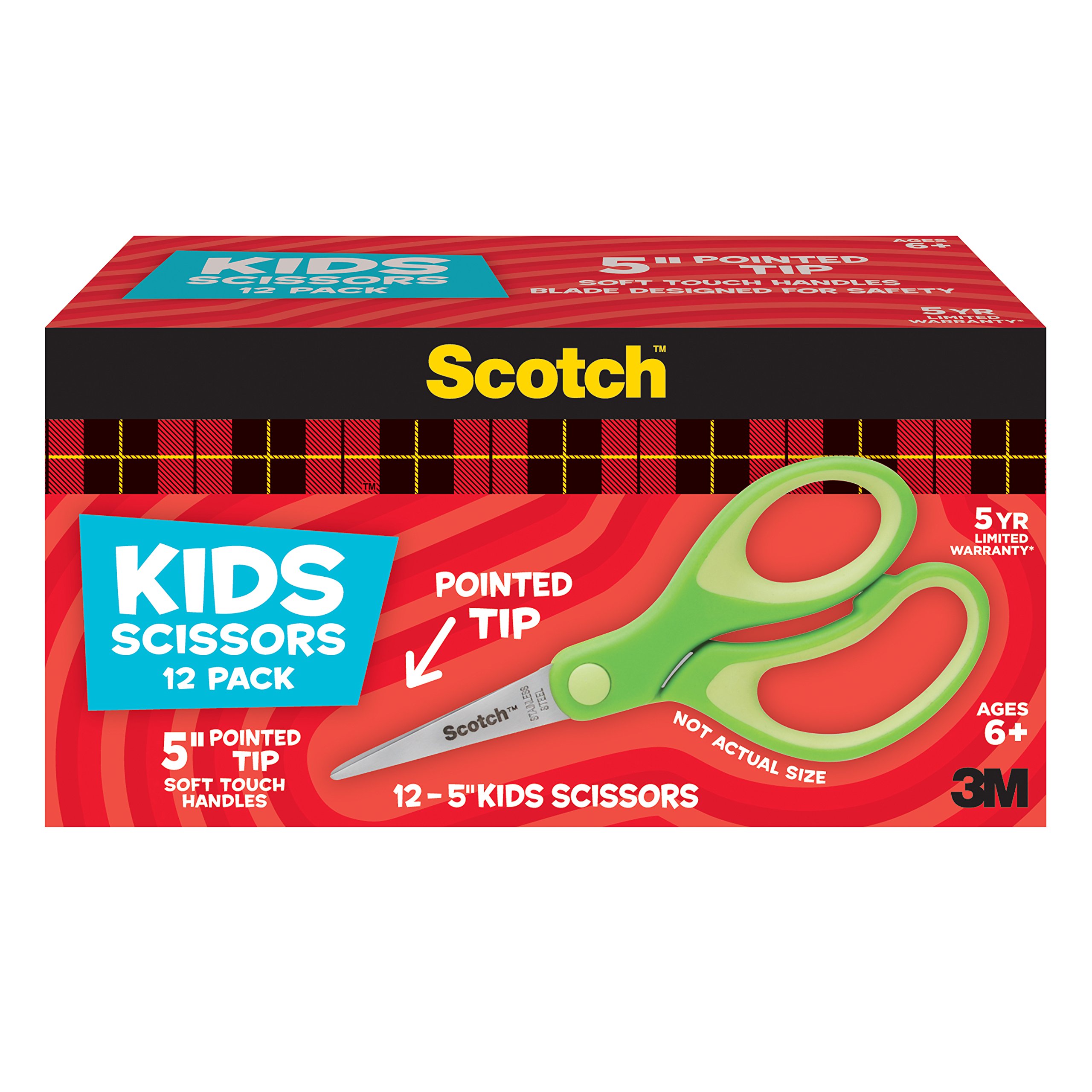 Scotch Lot de 6 paires de ciseaux pointus doux au toucher pour enfant de 12 pièces, vert (1442P-12)