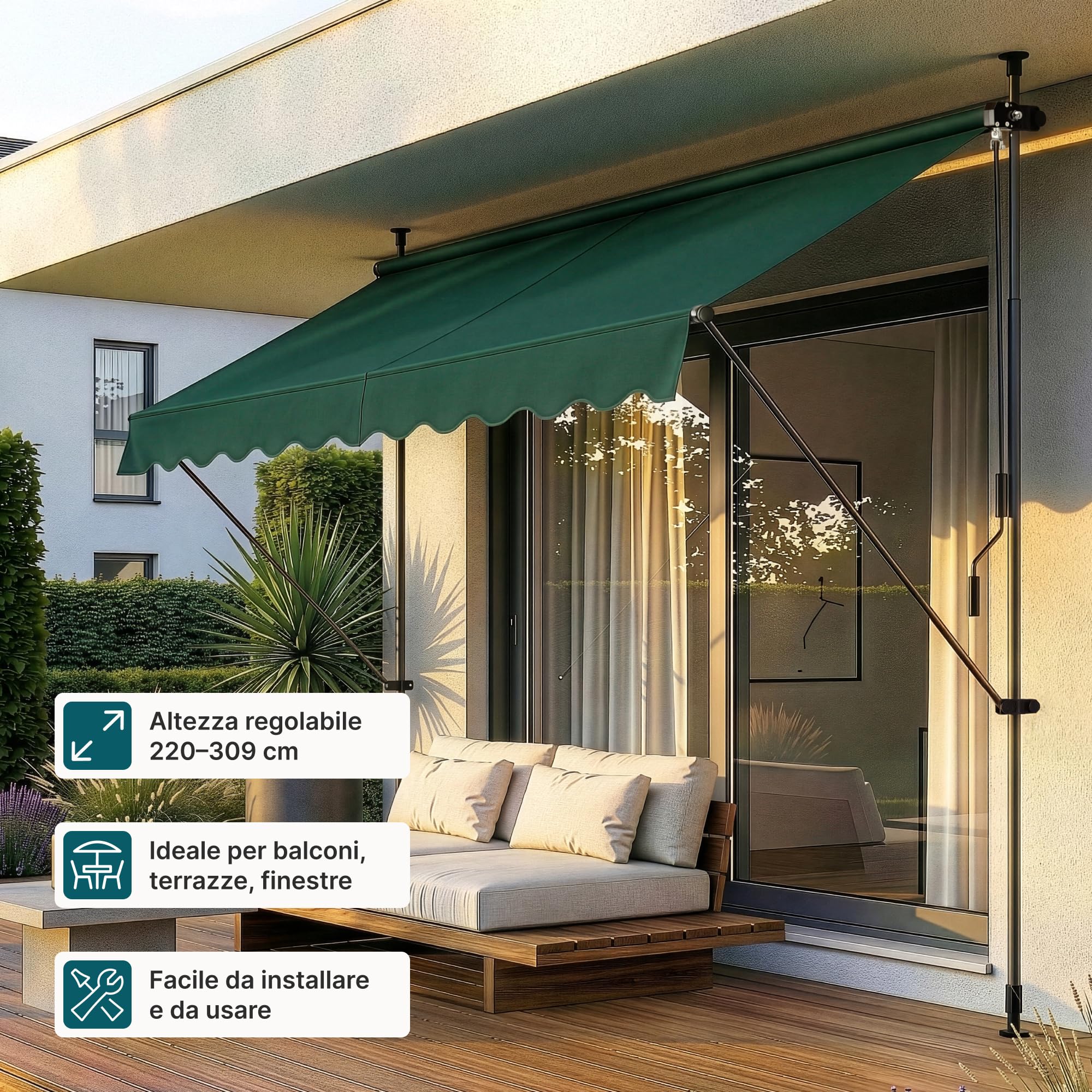 pro.tec Tenda da Sole a Muro 300x120 cm Verde Scuro con Pali Telescopici Manovella