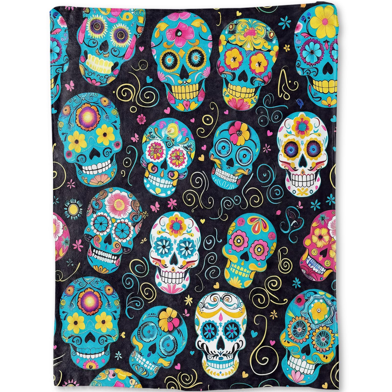 ainori Colorful Sugar Skull Flannel Blanket - Vibrant Day of The Dead Throw,Gifts for Women Men, Ultra Soft & Warm,Lightweight, for Couch Bedroom