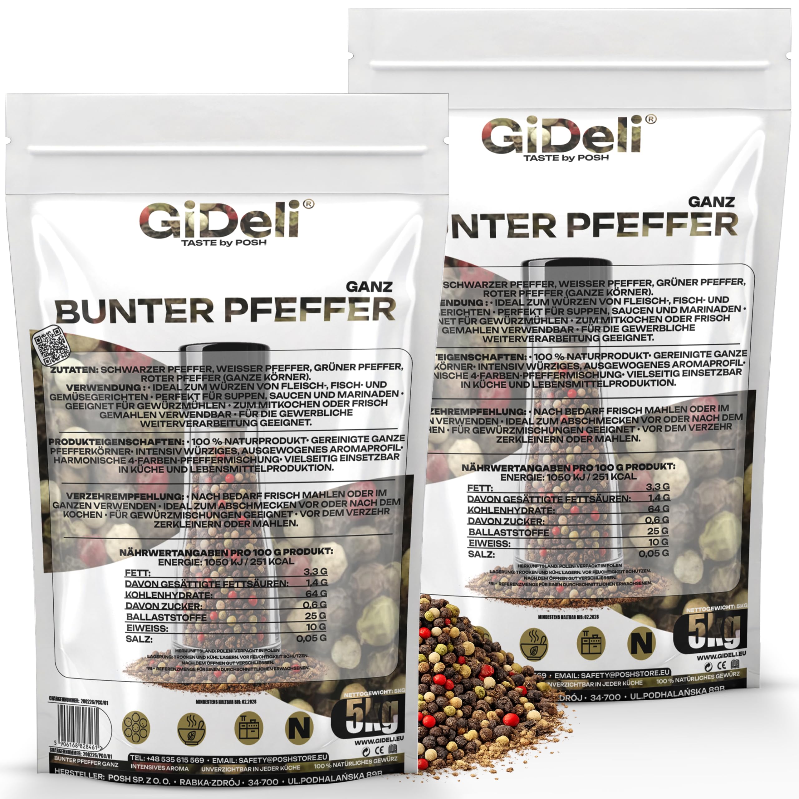 GiDeli Bunter Pfeffer Ganz 2 x 5kg - Aromatische Schwarze, Weiße, Rote und Grüne Pfefferkörner - Für Pfeffermühle und Mörser - Universell Einsetzbar - 100% Naturrein ohne Zusätze