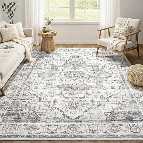 Washable Vintage Area Rug 5x7 - Soft Traditional Farmhouse Rug for Living Room, Bedroom, Dining Room and Home Office - Ultra-Thin Distressed Oriental Reto Indoor Floor Carpet Rug - Grey