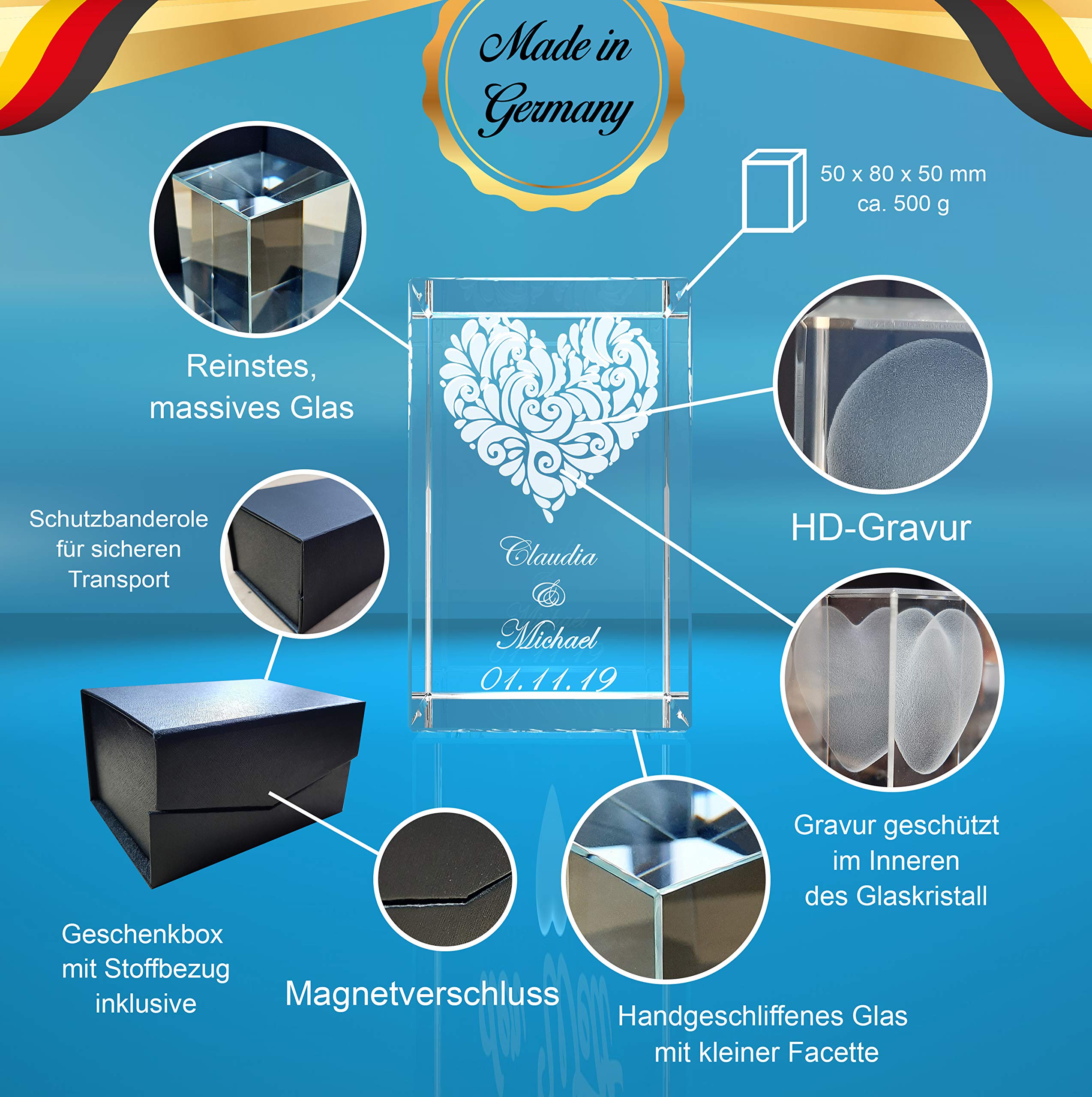 VIP-LASER 3D Glas Kristall Quader XL Verziertes Herz und Deinen Namen + Datum im Hochformat Gravur. Persönliche Partnergeschenk