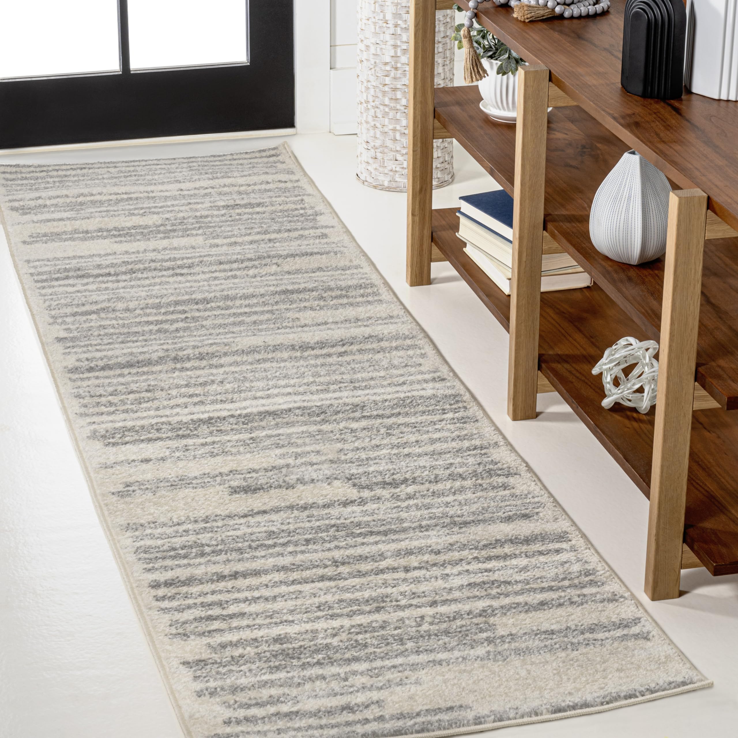 JONATHAN Y MOH207C-28 Khalil Modern Berber Stripe Runner Rug, Contemporary, Bohemian, Scandinavian, Minimalistic, Rustic for Living Room, Dining Room, Bedroom, Kitchen, Cream/Gray, 2 X 8