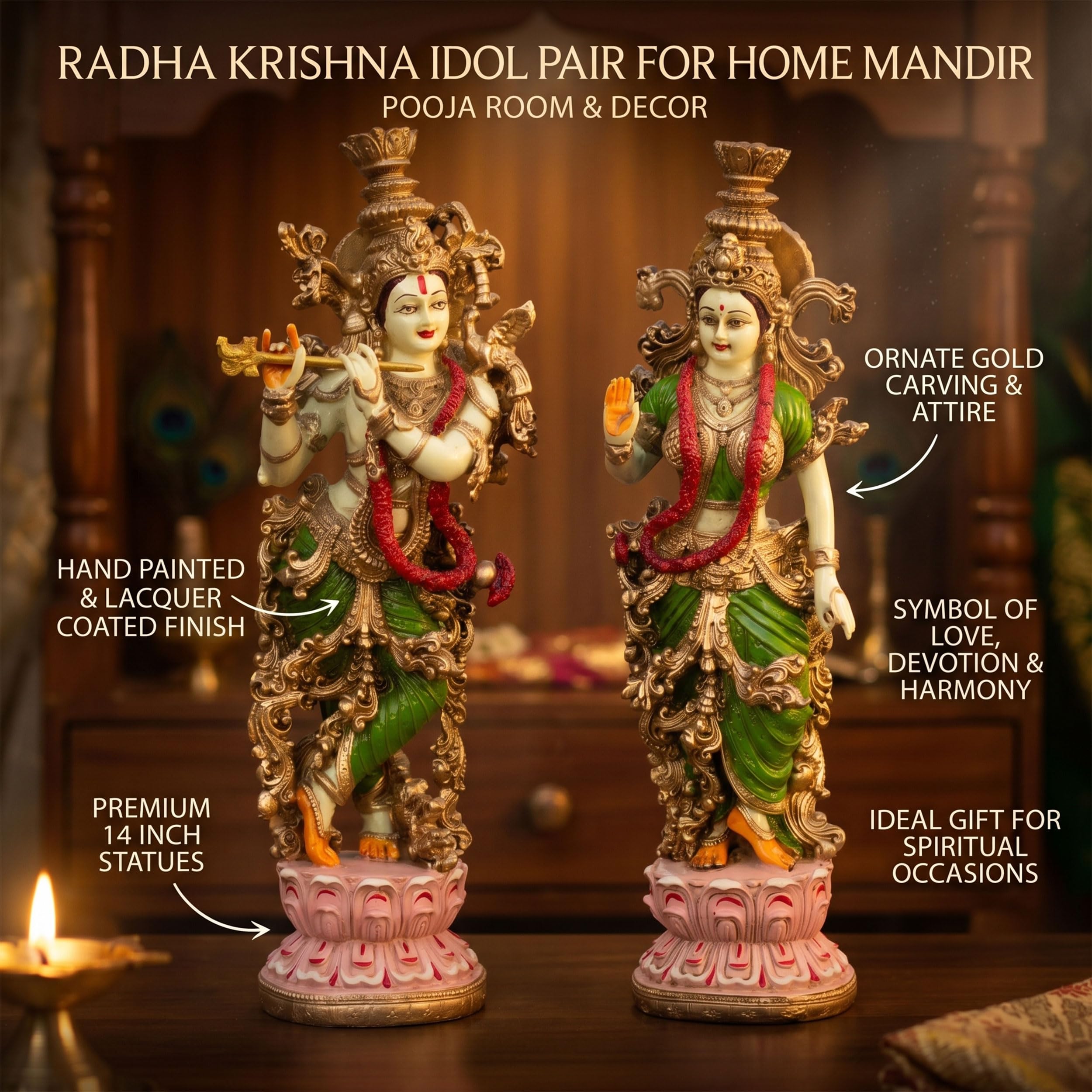 Radha Krishna Idol Pair for Home Mandir Pooja Room Decor | 14 Inch Hand Painted Lacquer Coated Statue Set | Premium Spiritual Showpiece for Living Room Office Temple Wedding Gift (Lotus) — photo — 6 of 8
