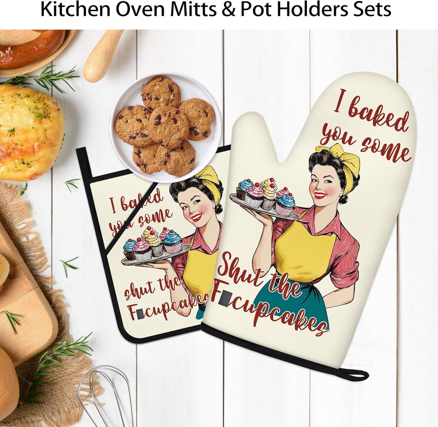 Funny Oven Mitts for Women Yellow Kitchen Accessories and Decor Oven Mitt Sets Retro Humor House Warming Cooking Baking Gifts for Mom Wife Sister (Beige, Oven Mitts & Pot Holders) - Image 5