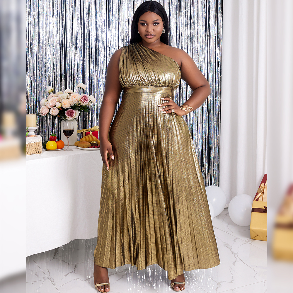 knee length dresses for ladies Metallic One Shoulder Sleeveless Pleated Evening Dress Bronze / Xs