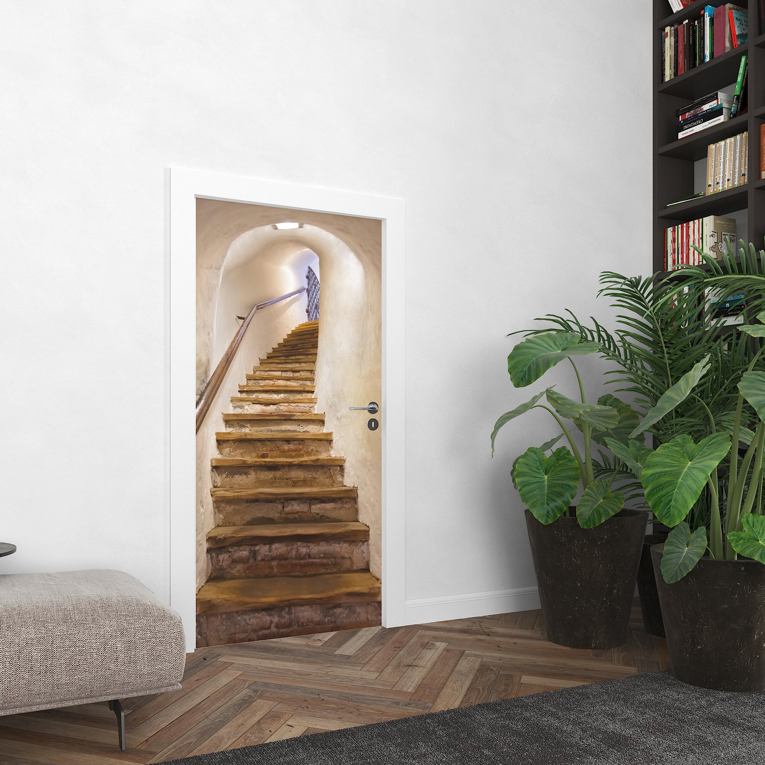 Papier Peint Porte Trompe L'Oeil Escaliers Tunnels 3D - Autocollant Adhésif DIY 85x210cm Imperméable Effet Réaliste