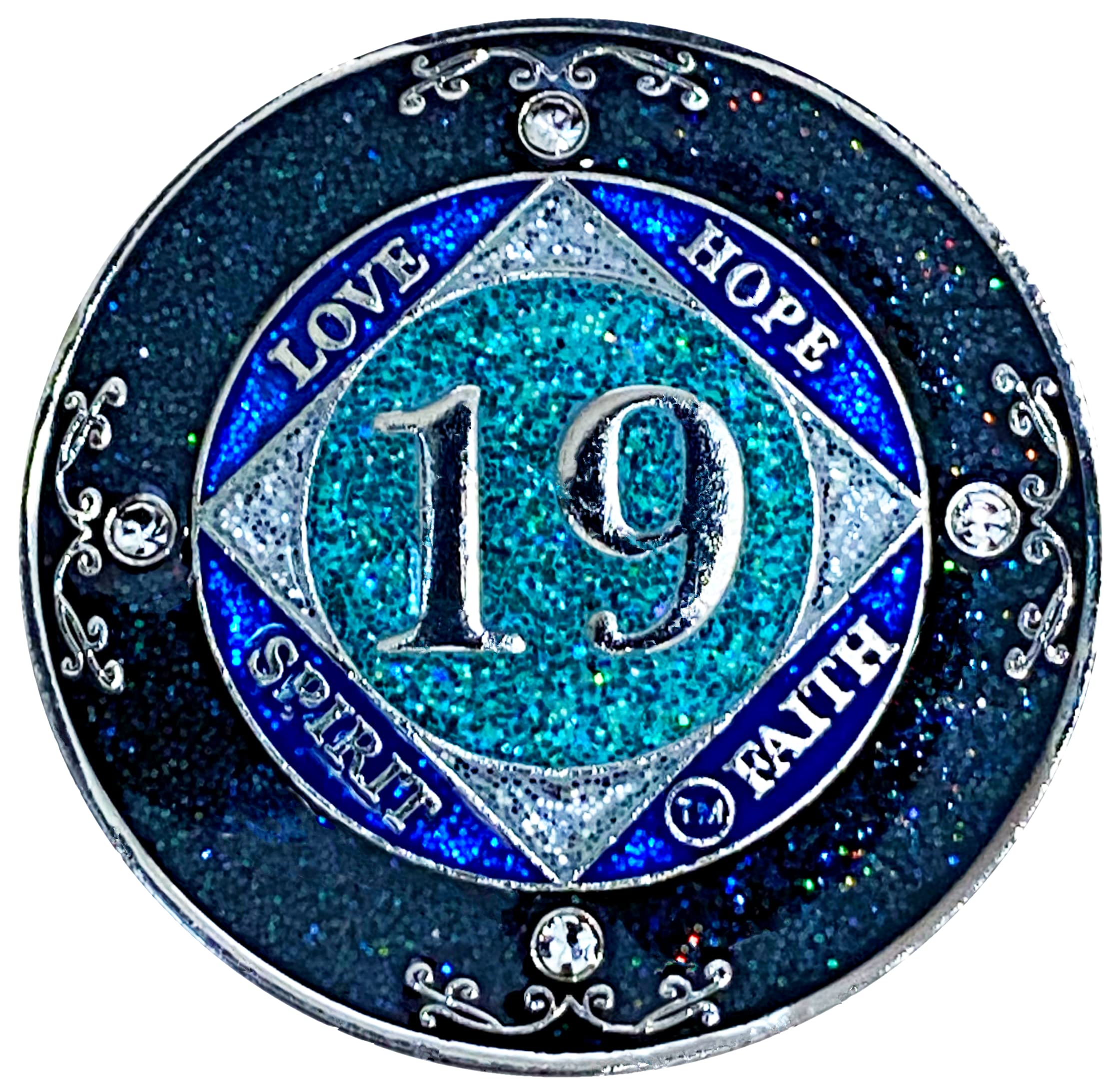 (Years 1-50) NA 19 Year Crystals and Glitter Medallion, Silver Color Plated Coin, Black Rainbow, Blue Glitter and Four Clear Crystals, Epoxy Covered