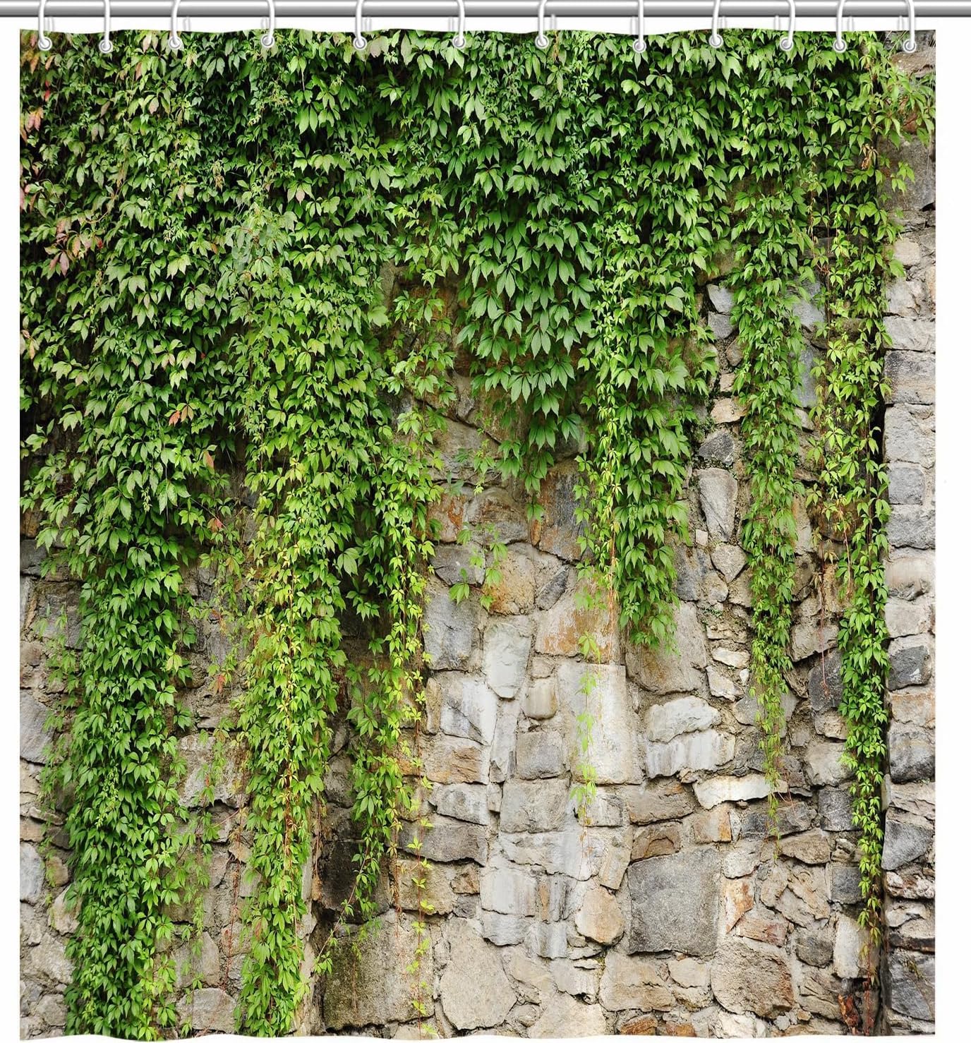 Stone Brick Wall Shower Curtain Green Leaves Garden Landscape Nature Plant Scenery Rustic Marble Rocks Stone Wall Bathtub Curtains Fabric 72 X 72 Inch