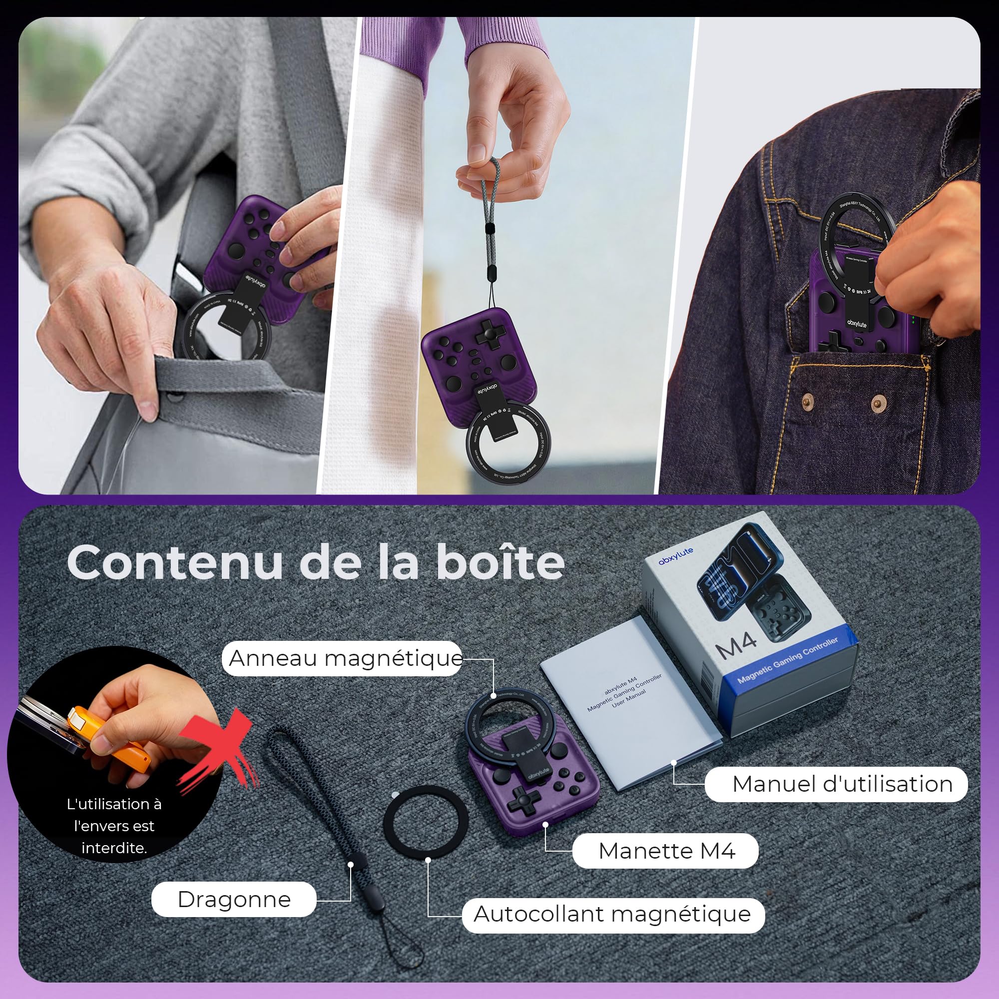 abxylute Manette de jeu mobile M4 Snap-On pour Android et iPhone, légère et portable, manette de poche rétro avec support, double joystick turbo et aimant (violet)