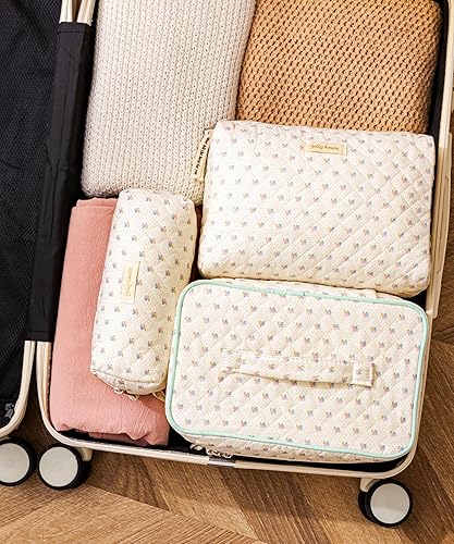 Miniatura 3 de HBselect Bolsa de maquillaje acolchada, 3 piezas de algodón grande, bolsa de maquillaje de viaje, bonita bolsa de maquillaje floral de coqueta,