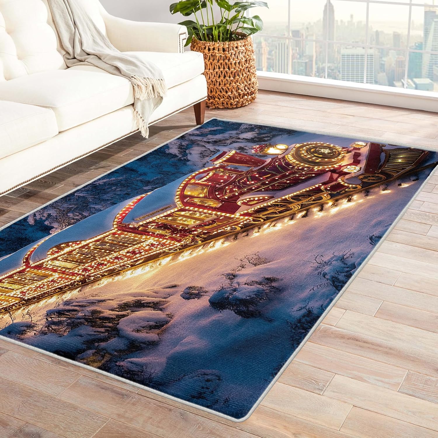 Gold Christmas Throw Rug 2x3, Washable Deer Santa Claus Rugs for Entryway Bedroom Kitchen, Snowflake Xmas Area Rug for Home Decor, Non Slip Backing Indoor Floor Mat Carpet - 2 x 3 ft