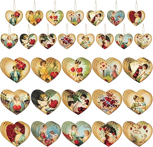 Decoración colgante de corazón para el día de San Valentín, adornos de madera de estilo vintage de San Valentín, decoración colgante en forma de