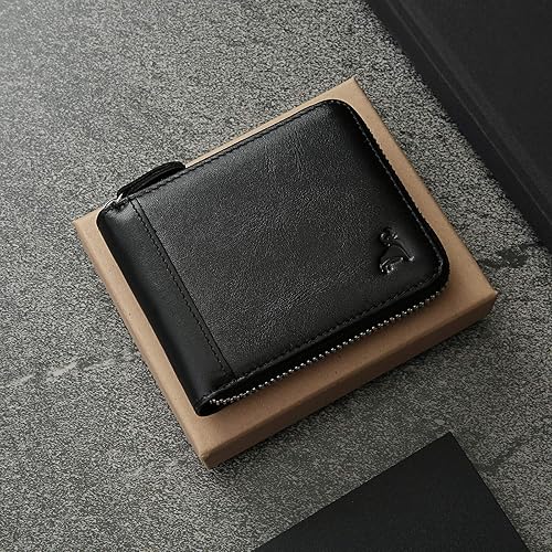 Miniatura 7 de Carteras delgadas con cremallera para hombres RFID de cuero para hombre, tarjetero plegable con cremallera alrededor de la cartera con bolsillo para