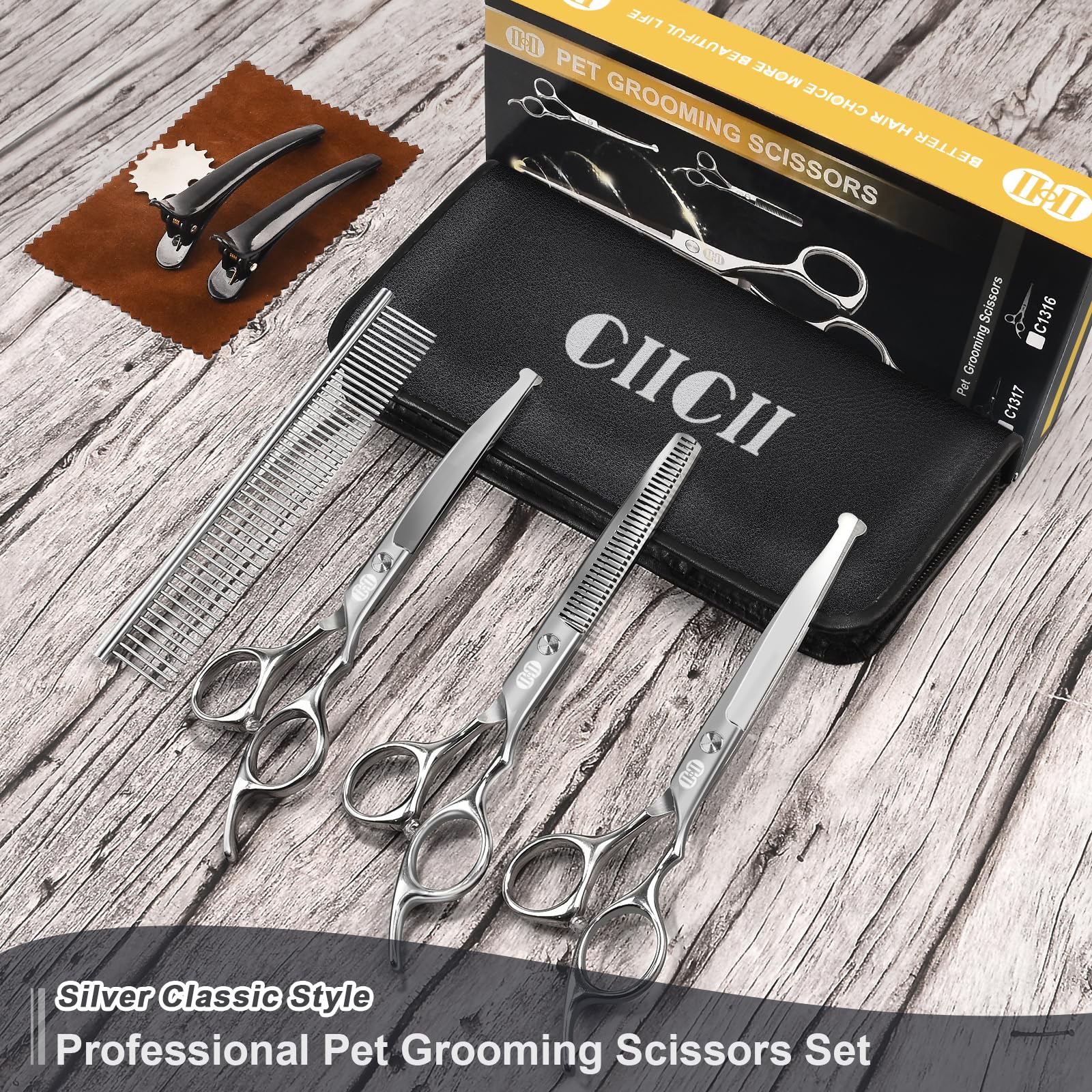 CIICII Tijeras para Perros, 7,5" Juego de Tijeras Peluqueria Canina Profesional (Gato Perro Aseo Tijeras Entresacar & Tijeras Curvas) para Aseo Mascotas Bricolaje (Punta Redonda-9 Pcs-Plata)