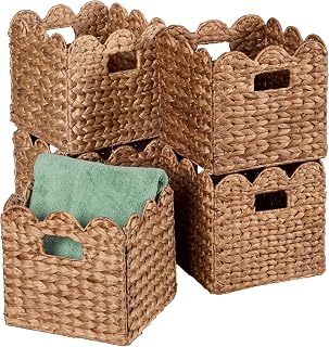 Best Choice Products Set of 5 Scalloped Water Hyacinth Baskets - 12x12 Collapsible Rustic Storage Organizers for Bedroom, Laundry, Shelves - Chestnut