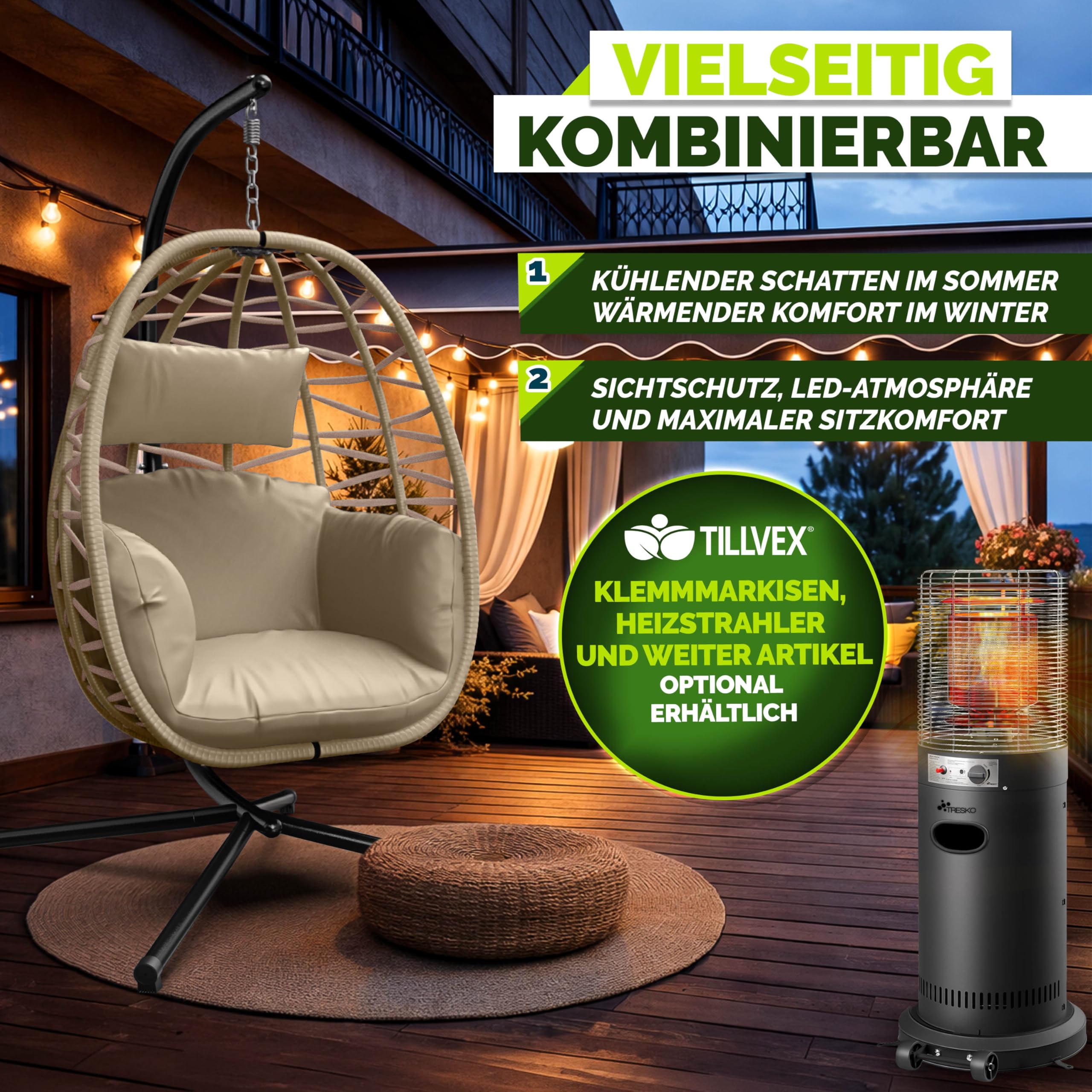 tillvex® Hängesessel mit Gestell Outdoor & wetterfester Abdeckung inkl. Befestigung | Hängekorb klappbar bis 150 kg | Hängesitz aus Rattan | Hängestuhl für Indoor Garten Balkon Terrasse (Taupe)