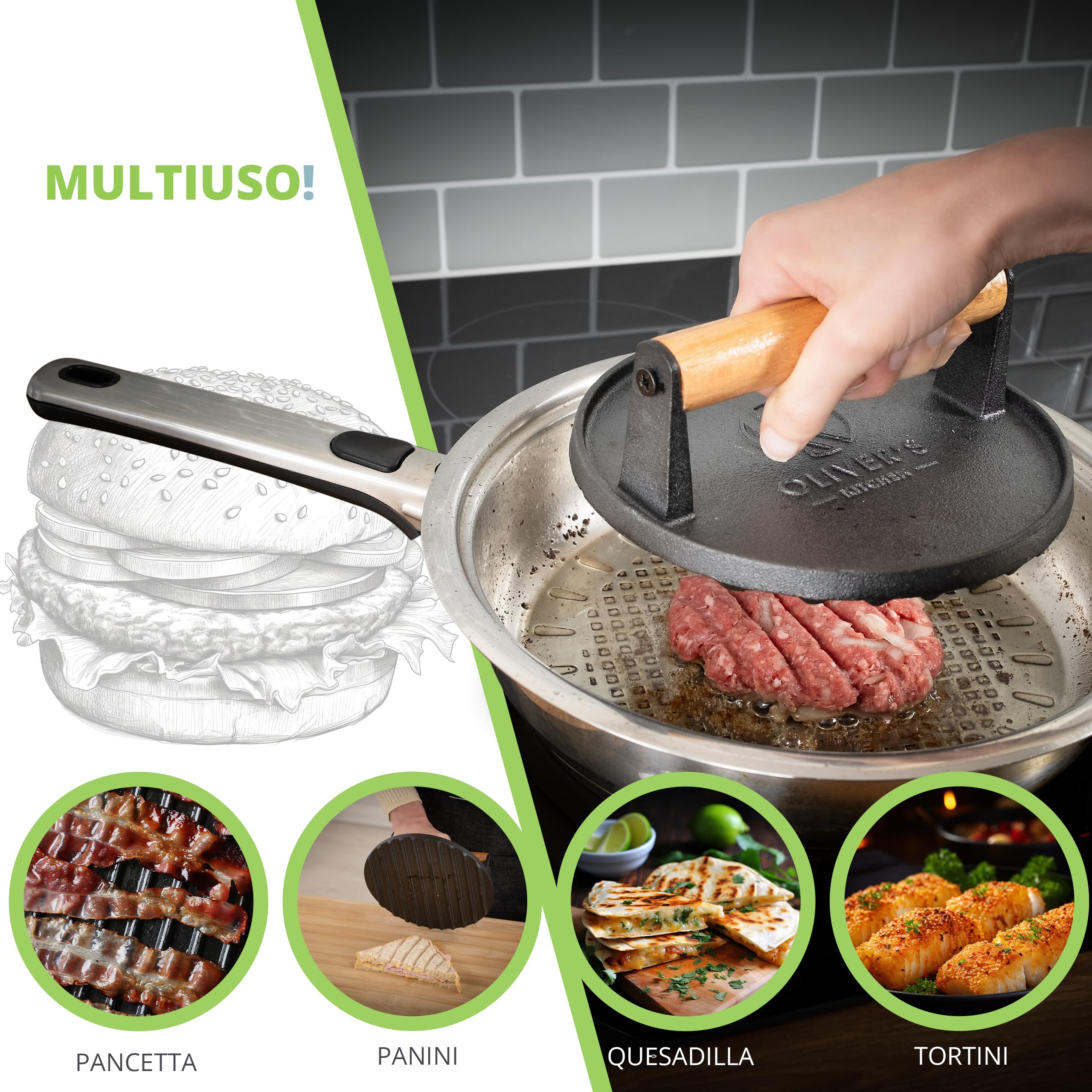 Pressa Hamburger Oliver's Kitchen ® - Pressa in Ghisa per Hamburger Diametro 19 cm – Impugnatura Confortevole – Base Antiaderente – Perfetta per Uso Professionale o Per Amanti del Barbecue