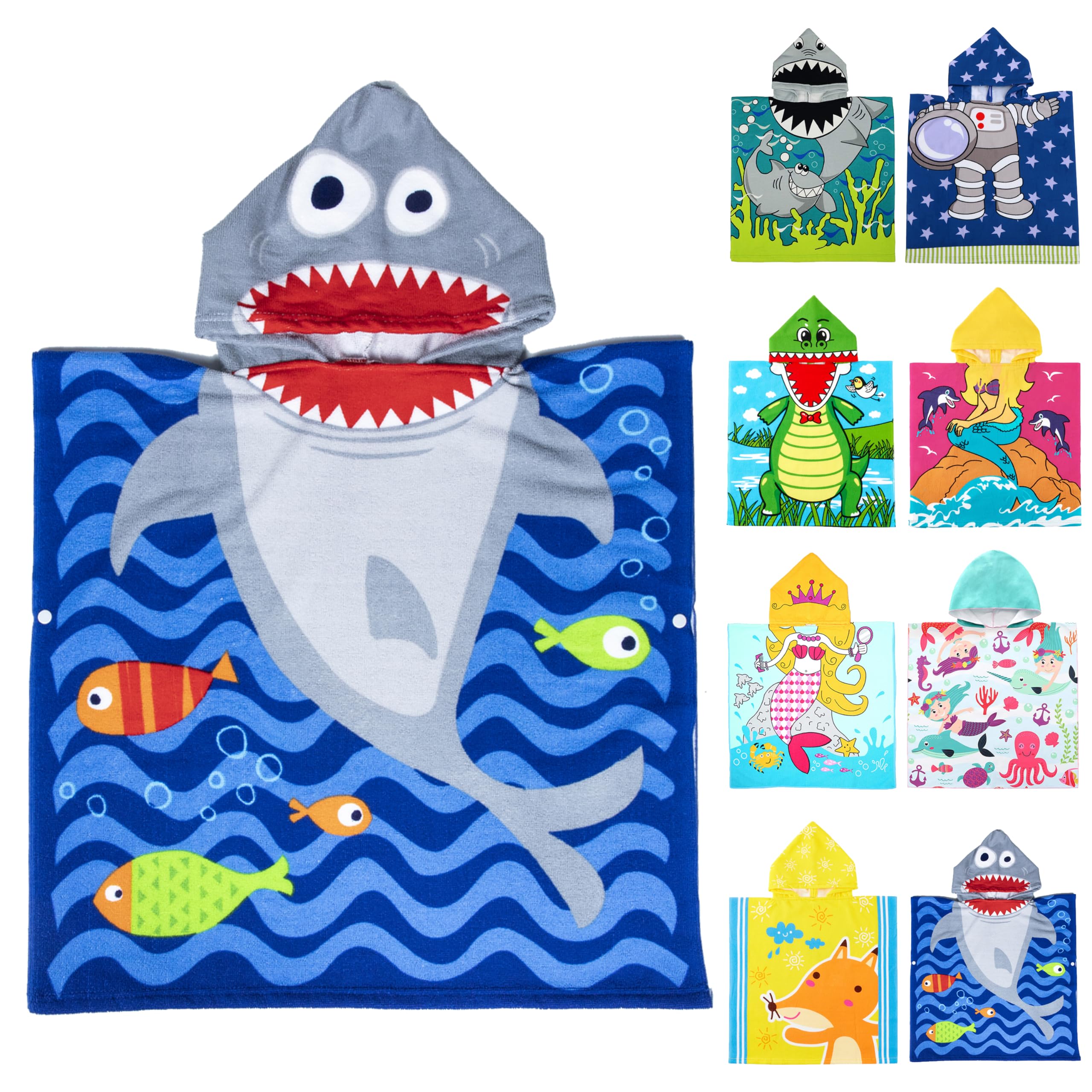 MOUNDHONG Cute Animal Hooded Beach Towel, Microfiber Bath Towels for Kids Toddler Infant Boy Girl, Animal Towels for Bath Pool Swim Swimwear Summer Beach Cartoon Shower Gifts (24x24 Inch, Shark Blue)