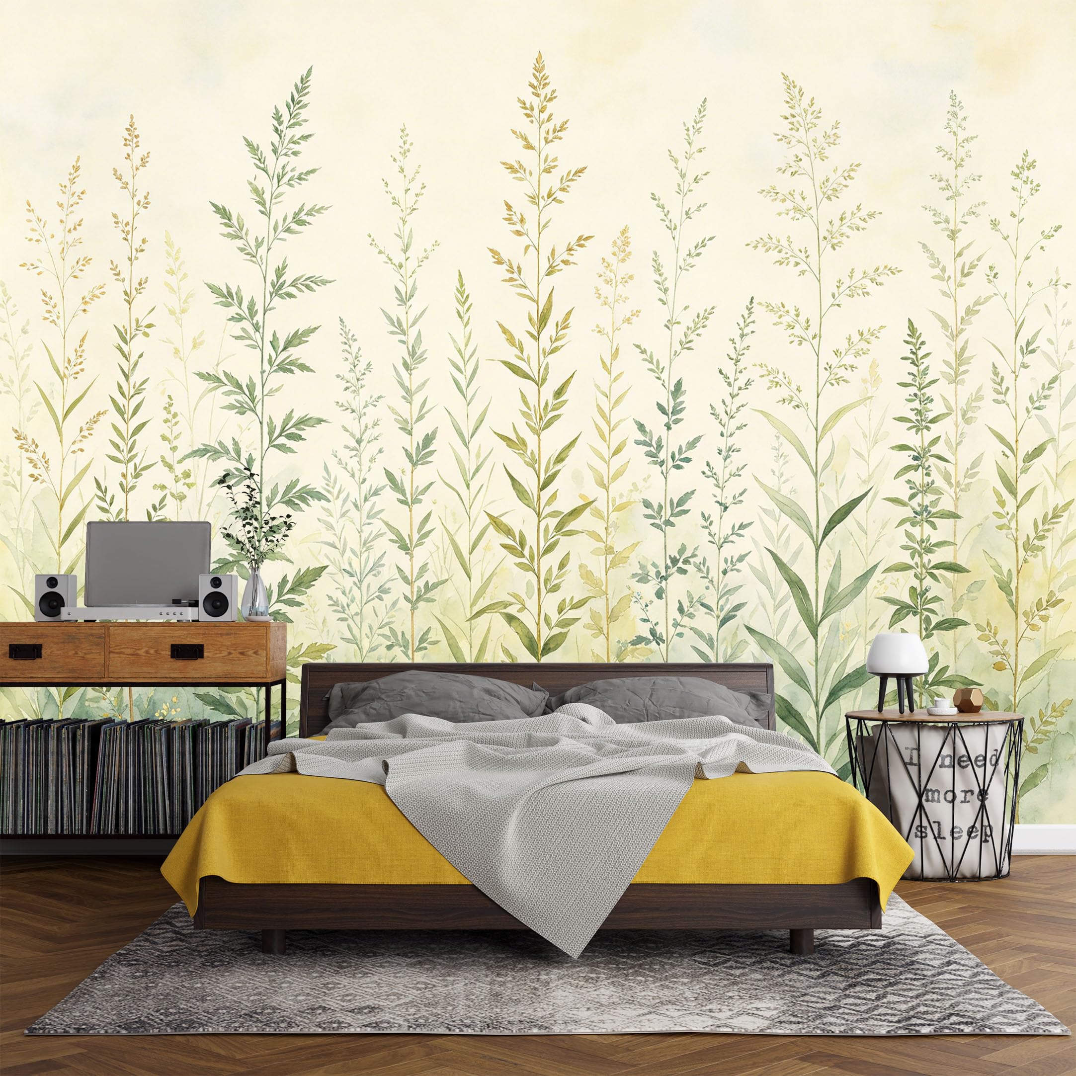 Custom Size Wall Mural， Botanical Green Meadow Grasses Watercolor Plants，SelfAdhesive Art Prints wall Fabric (No PVC) Removable Wallpaper Living Room Decor