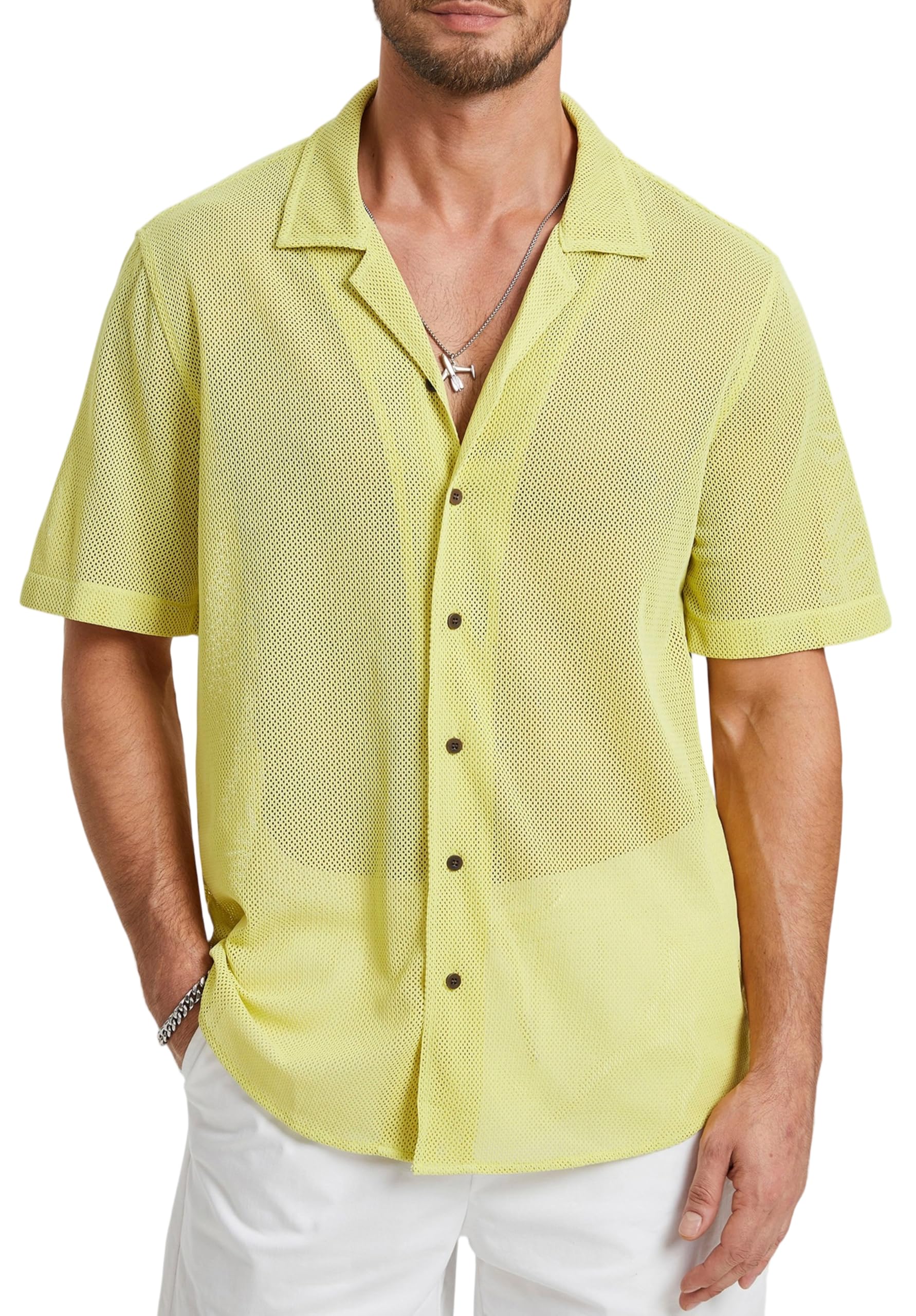 HISDERN Mens Summer Beach Shirts Casual See Through Sheer Lace Shirt Short Sleeve Button Down Mesh Shirt for Men