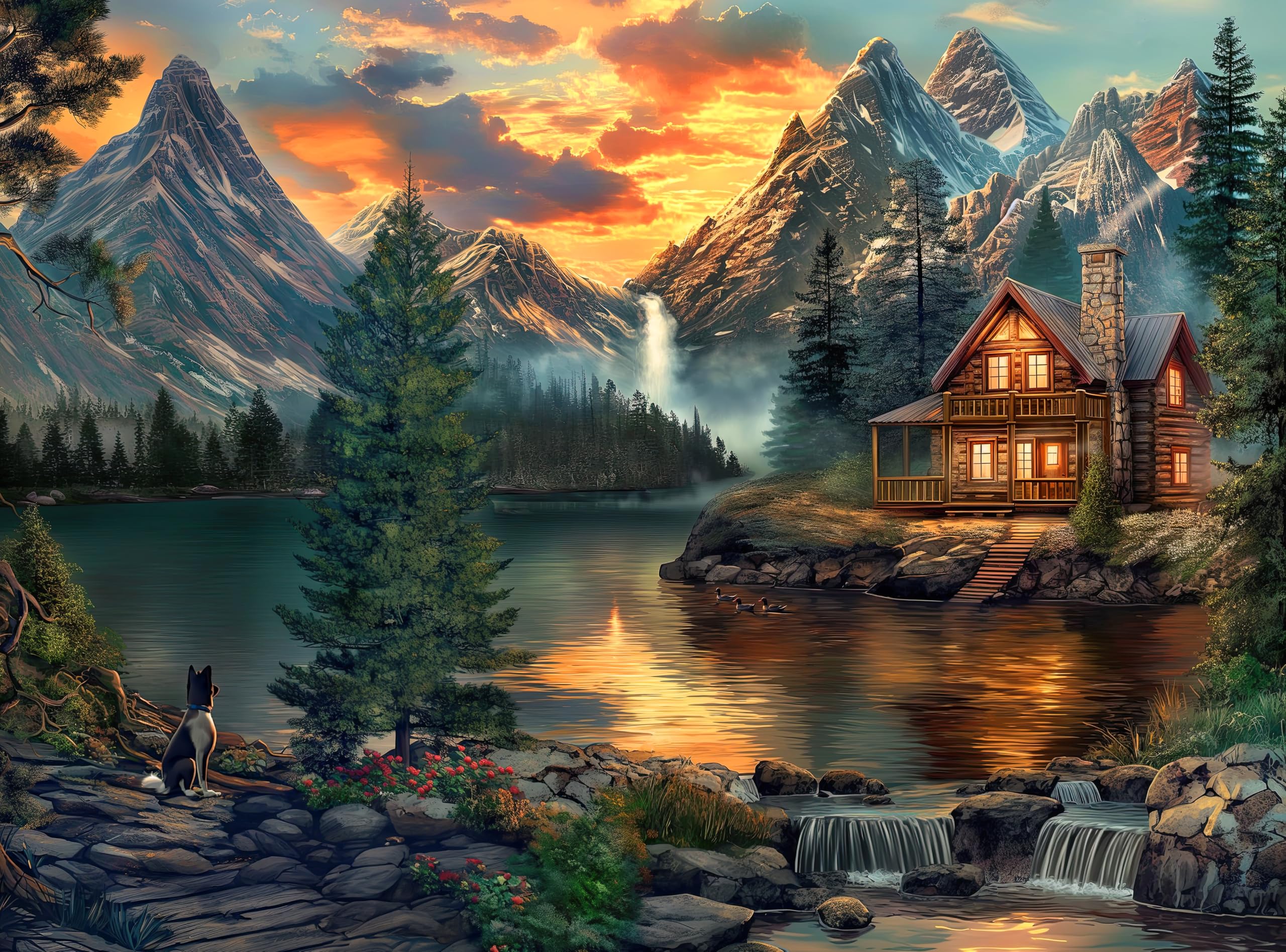 Prime Time Puzzles 1000 Piece Jigsaw Puzzle for Adults - Mountain Cabin by a Lake - Challenging Puzzle Perfect for Game Nights - 1000 Piece for Adults. 20x27 inches