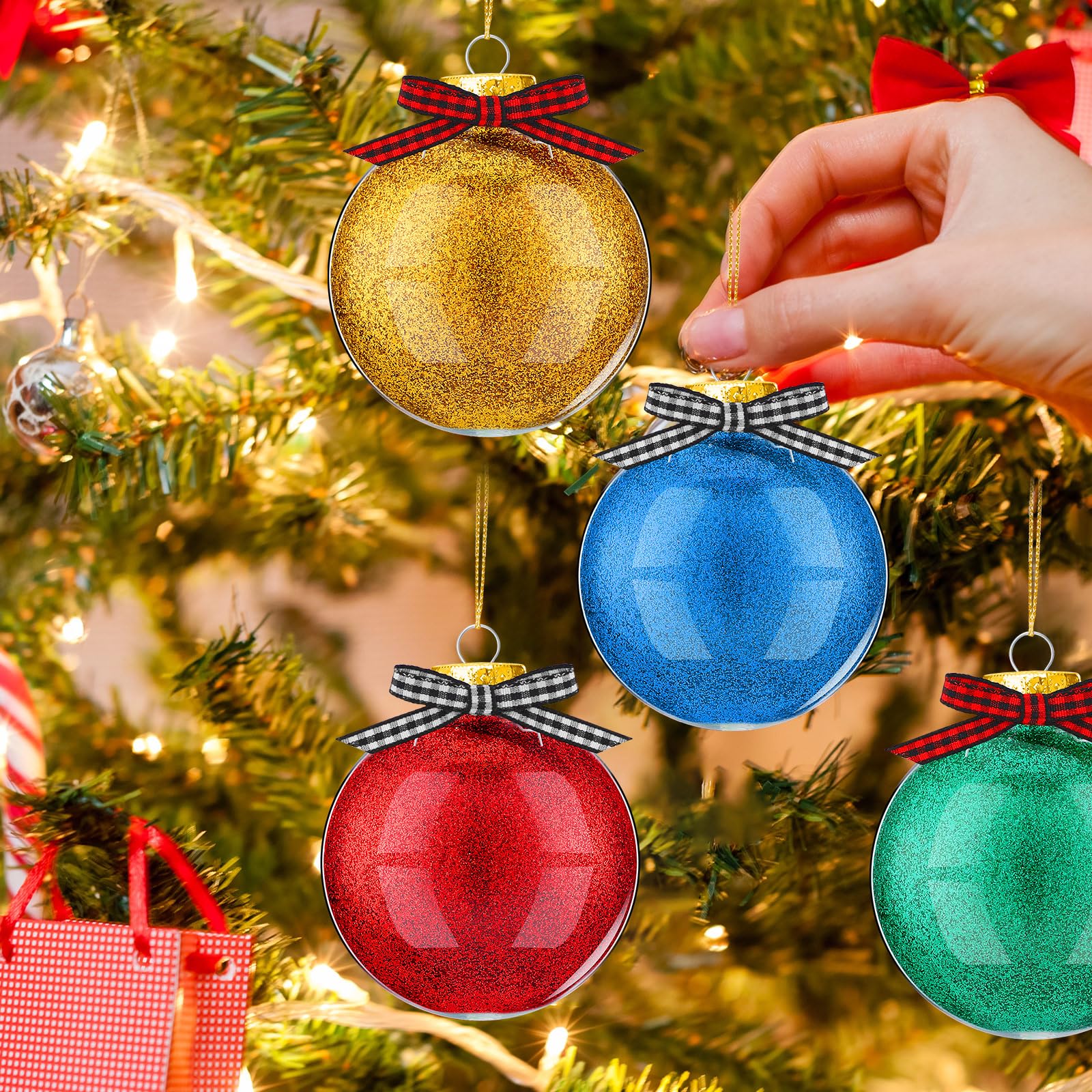Hiboom Lot de 48 boules de Noël en plastique transparent à remplir avec paillettes de 12 couleurs et ruban de Noël de 20 m pour loisirs créatifs, décoration à suspendre (doré)