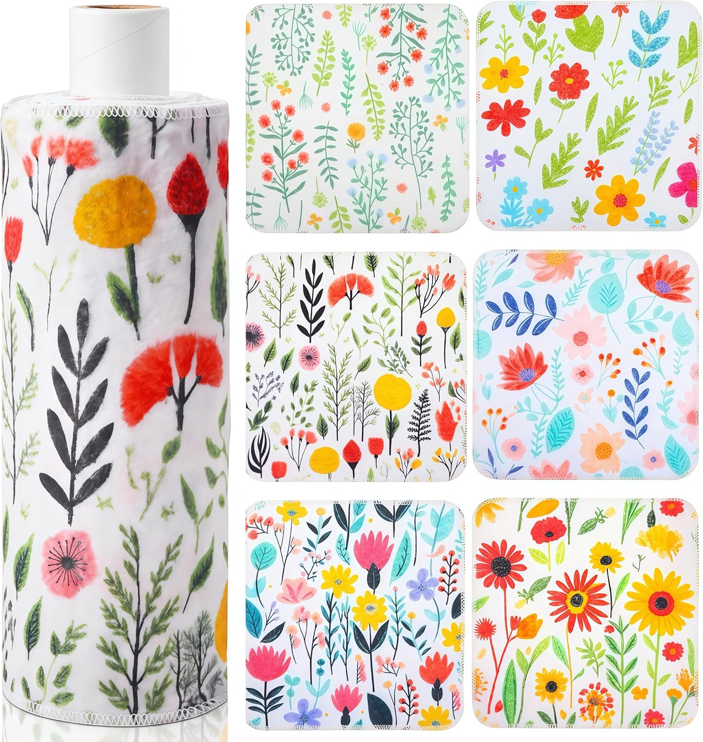 Tegeme 36pcs Floral Reusable Paper Towels Roll 11.81 x 11.81 Inches Washable Paperless Cotton Kitchen Towels Bulk for Kitchen Bathroom