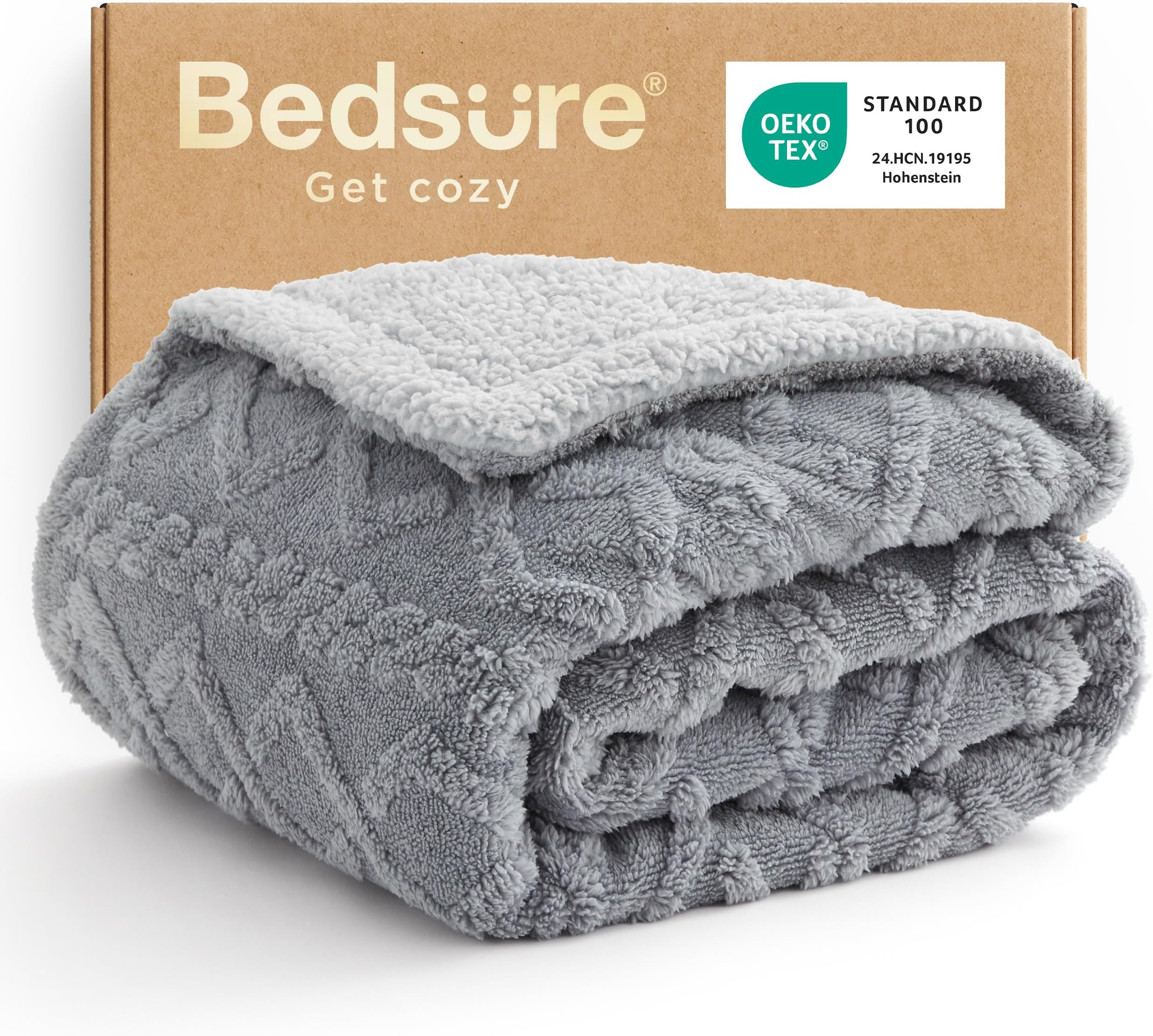 Bedsure Gentlesoft Sherpa Fleece Throw Blanket for Couch - Fluffy & Cozy Cable Jacquard Tufted Women Throw Gifts for Mom Mothers Day and Decor, Thick and Warm Blankets for Winter, Grey, 50x60 Inches