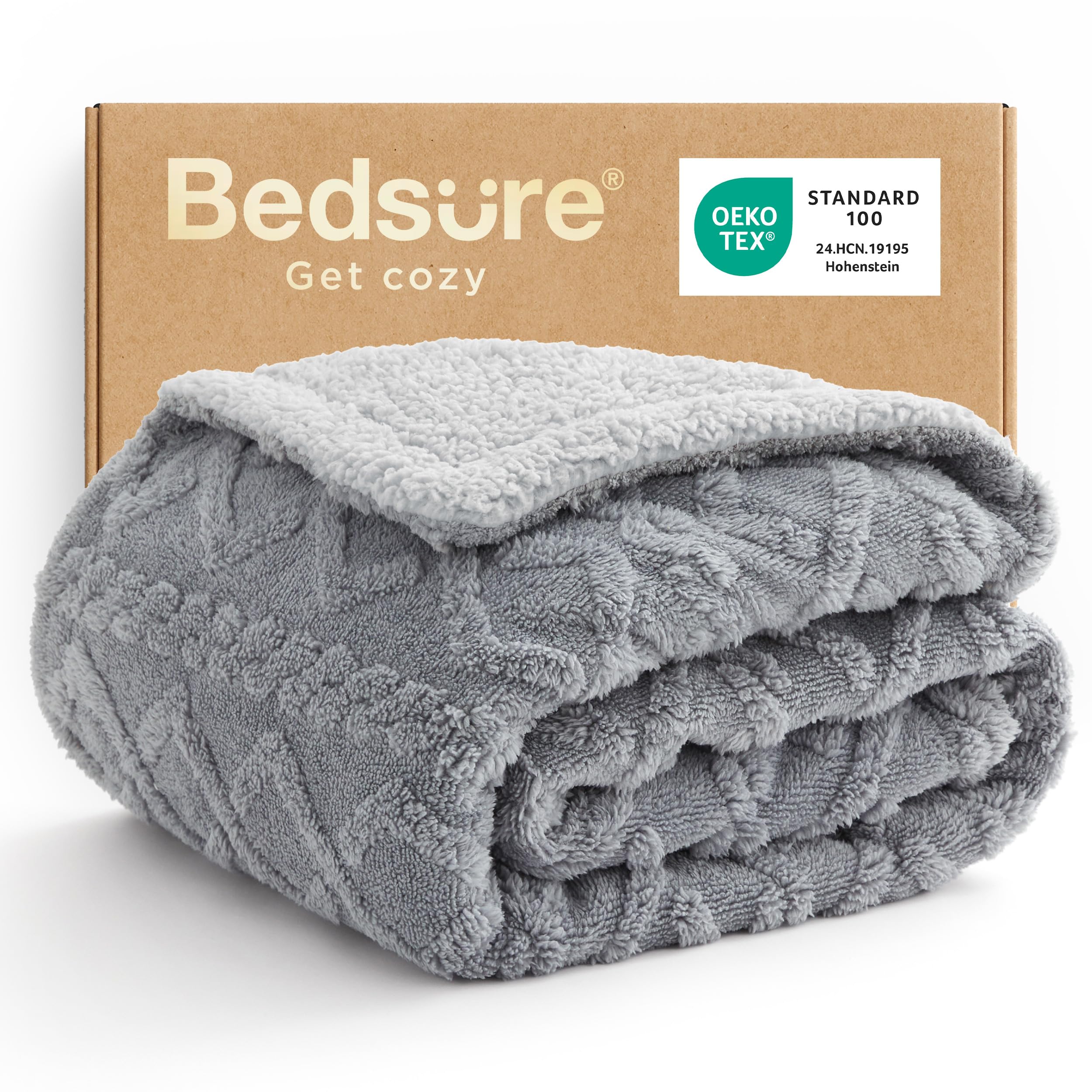 Bedsure Gentlesoft Sherpa Fleece Throw Blanket for Couch - Fluffy & Cozy Cable Jacquard Tufted Throw for Women Gift, Thick and Warm Christmas Blanket for Winter, Grey, 50x60 Inches