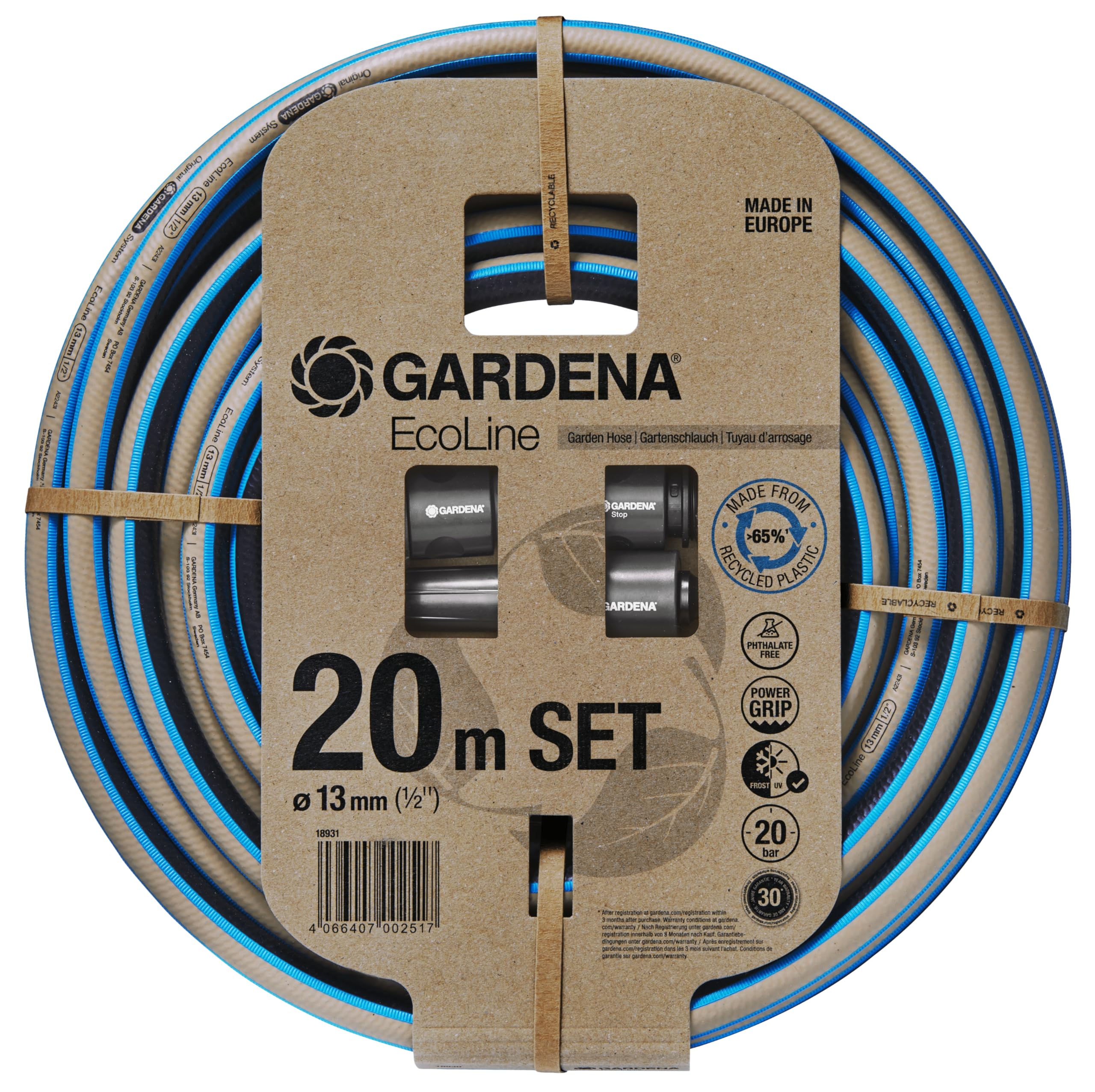 Gardena EcoLine Schlauch 1/2 Zoll, 20m mit Systemteilen: Nachhaltiger Gartenschlauch aus recyceltem Plastik, Phthalat- und schadstoffrei, Power-Grip-Funktion, frostsicher und UV-beständig (18931-20)