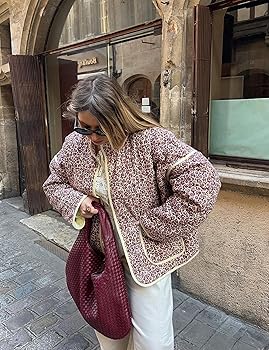 TUREAU Womens Floral Quilted Jackets Lightweight Cropped Button