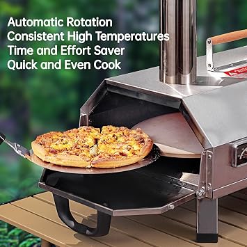 Stainless Steel Pizza Oven Outdoor 12 Automatic Rotatable Pizza Ovens,Portable Wood Fired Pizza Oven Pizza Maker with Timer, Built-in Thermometer,Pizza Cutter & Carry Bag