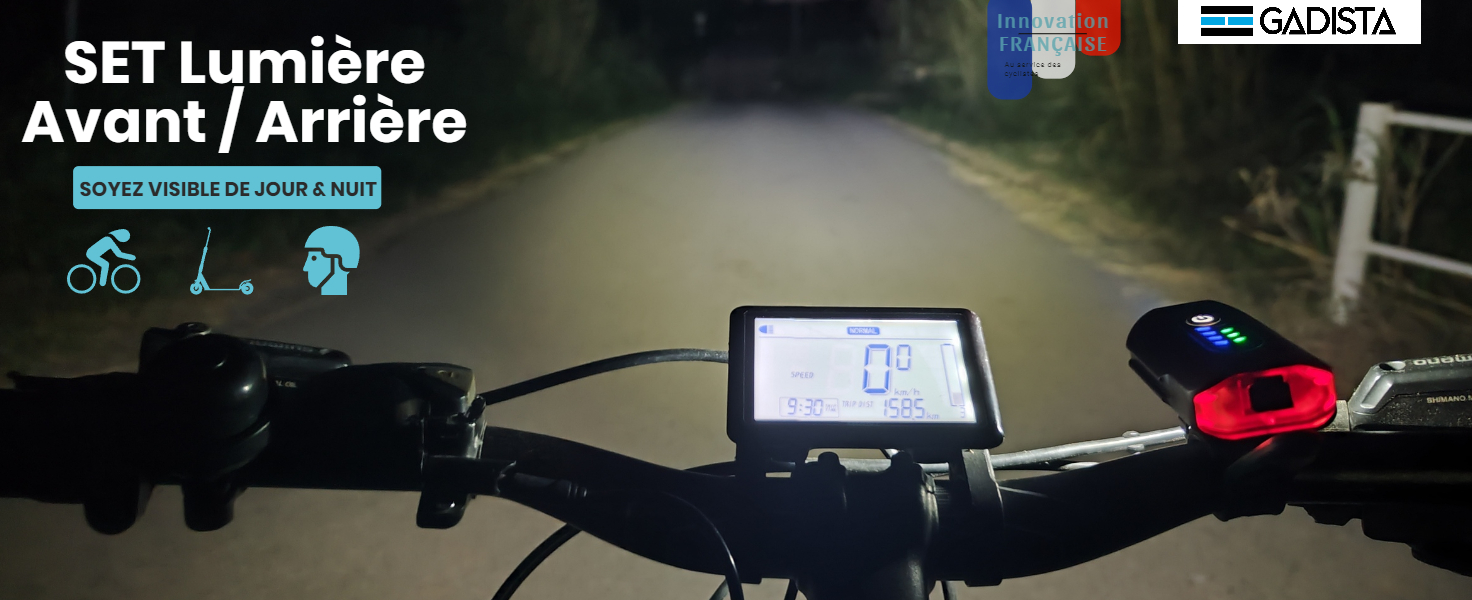 Éclairage Vélo GADISTA France - Avant/Arrière Rechargeable USB, 600 Lumens, Aluminium