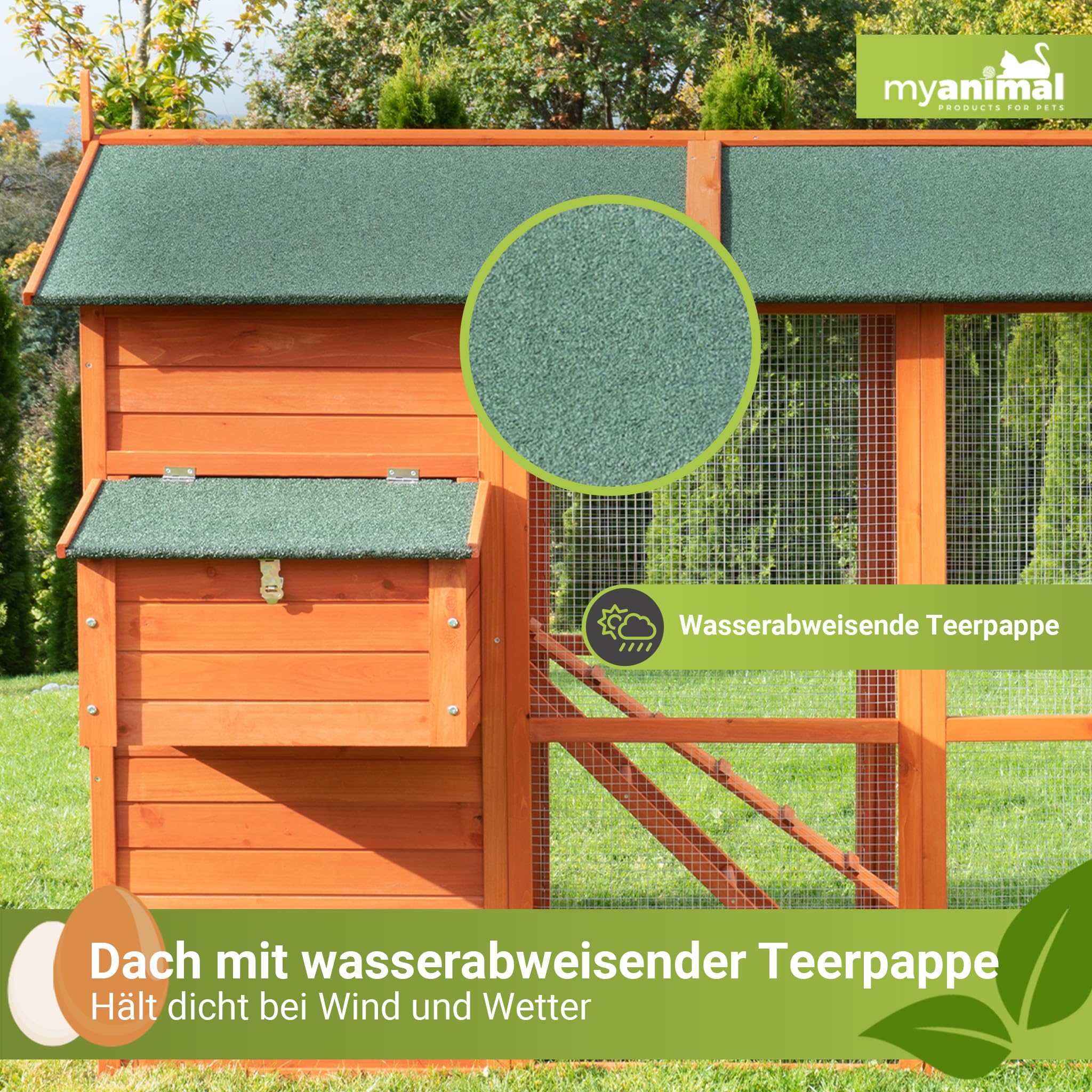 Miweba MyAnimal Hühnerstall XXL für 7 Hühner | 186x146x147 cm Winterfest - Vogelhaus - Hühnergehege mit Nistkasten - Voliere - Hühnerhaus - Freilaufgehege Huhn - Legenest - Vogelvoliere (Braun)