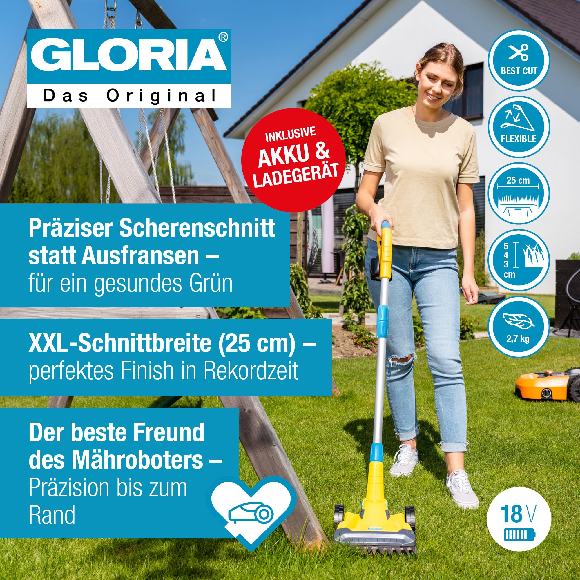GLORIA FineCut 18V Set Coupe-Bordures et Tondeuse de Finition sans Fil avec Batterie et Chargeur Bosch 18V