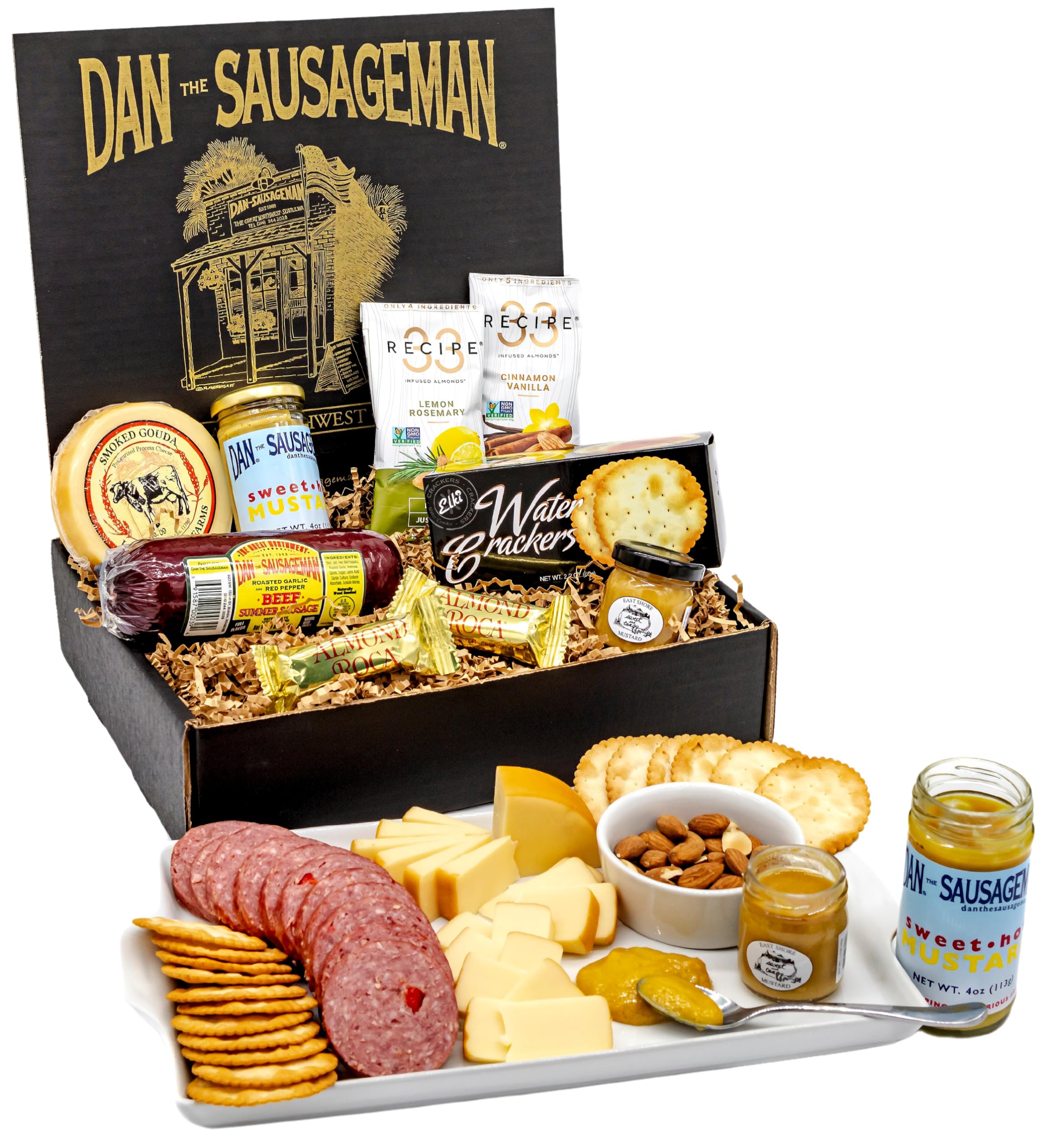 Premium Sausage and Cheese Lovers Gift Box by Dan the Sausageman featuring Smoked Garlic Sausage, Specialty Mustards, Water Crackers, Smoked Gouda Cheese and Flavor Infused Almonds