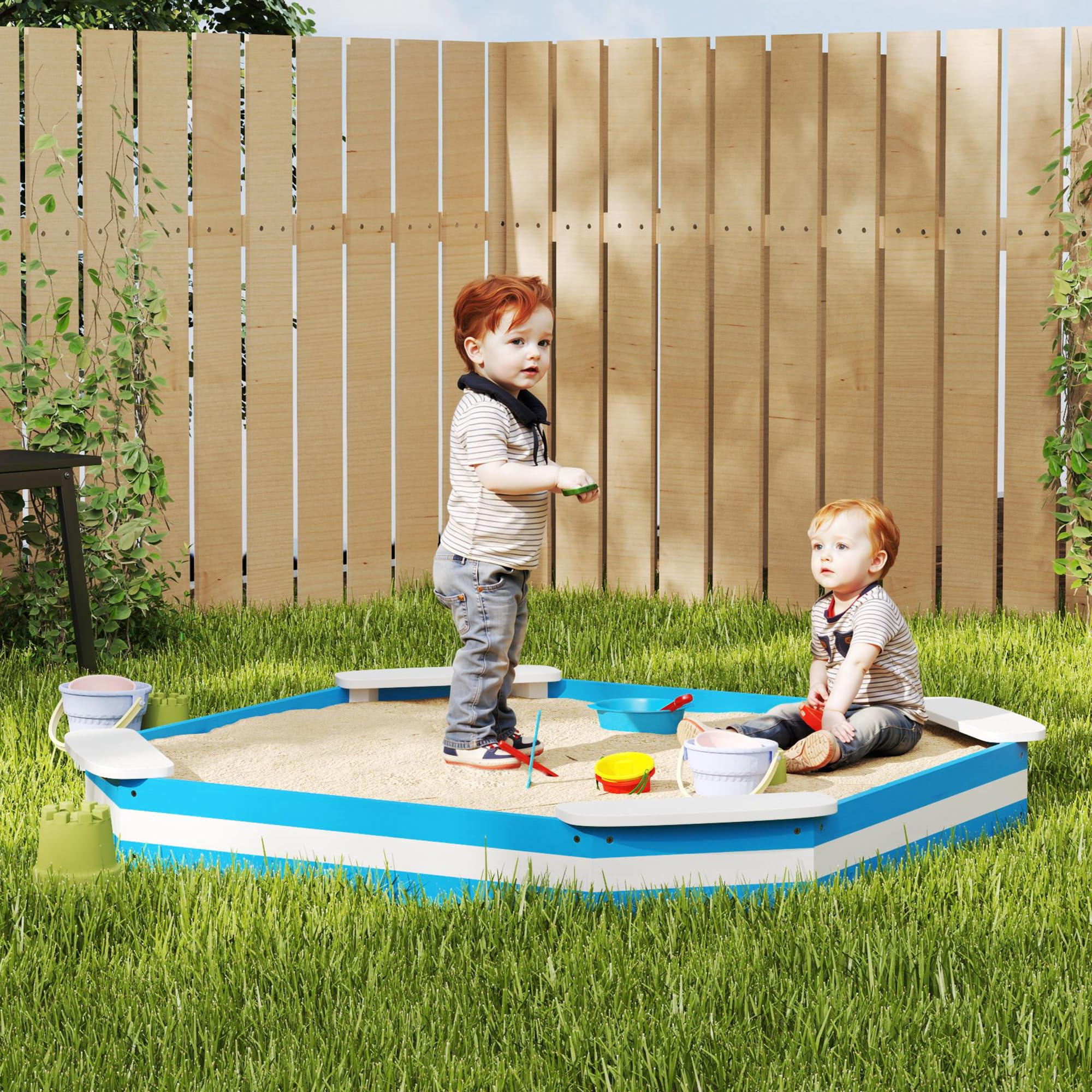 AIYAPLAY Arenero para Niños de +3 Años Arenero Infantil Cuadrada con 4 Asientos para Exterior 133x133x16 cm Azul y Blanco