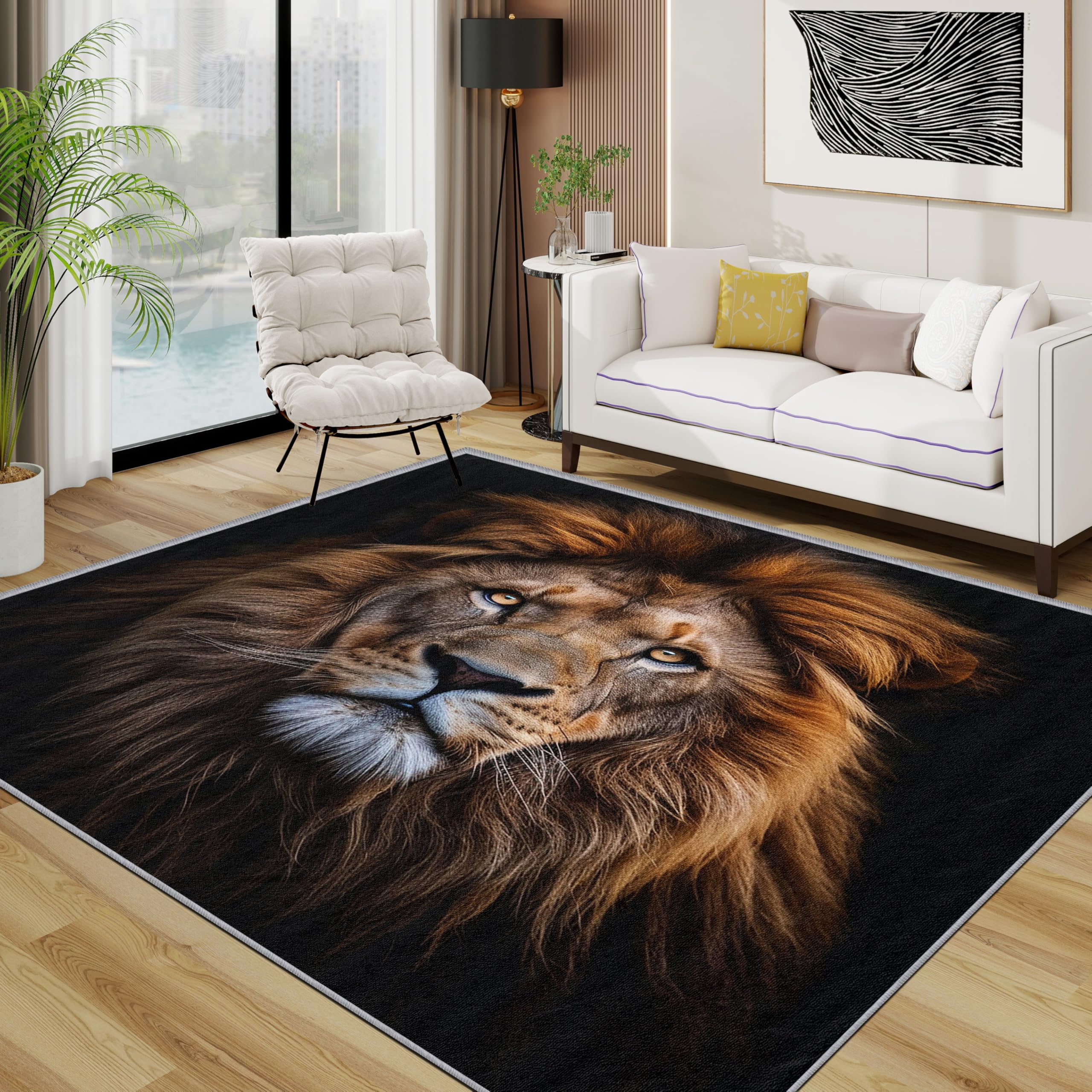 Lion Rug - Wild Animal Head Small Rugs for Bedroom 60x90, Majestic jungle wildlife Floor Mat Soft Washable Non Slip Indoor Mats, Lion Room Decor