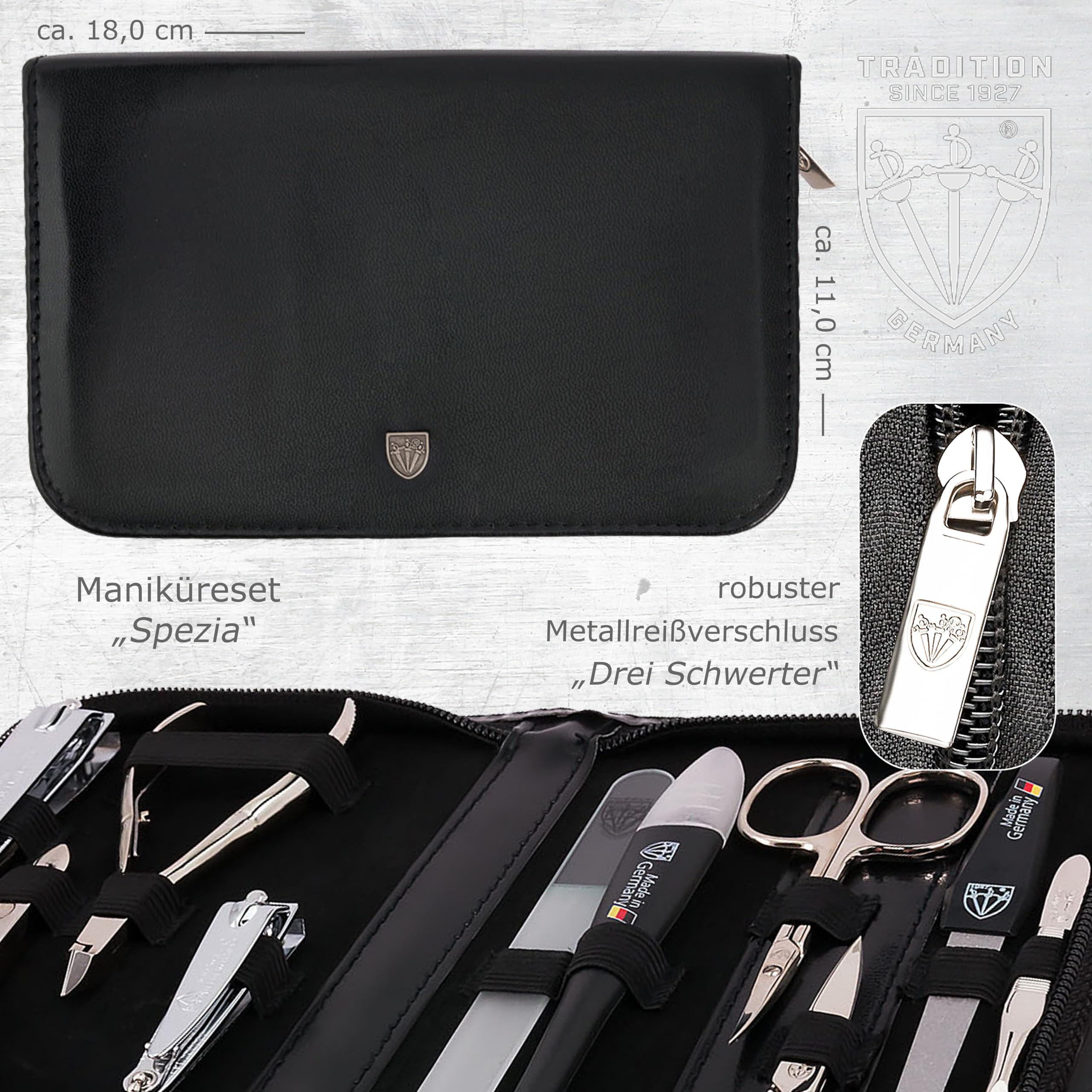 DREI SCHWERTER - Germany 10 piezas Set de manicura 'Spezia' | estuche de uñas en piel sintética negra | Contenido: tijeras para uñas, tijeras para cutículas, alicates, pinzas, lima de uñas de cristal