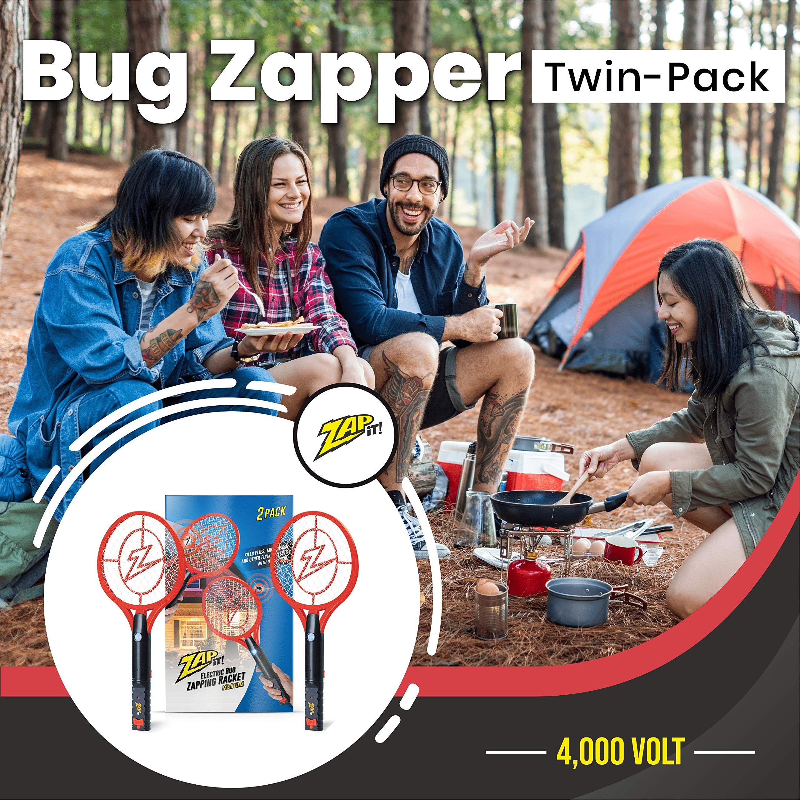 Zap It Bug Zapper - Raqueta de matamoscas recargable, matamoscas eléctrico, exterminador de mosquitos, 4,000 voltios, cable de carga USB, paquete de 2 (mediano, rojo) | Matamoscas de alto voltaje, matamoscas recargable, luz LED, función de carga USB